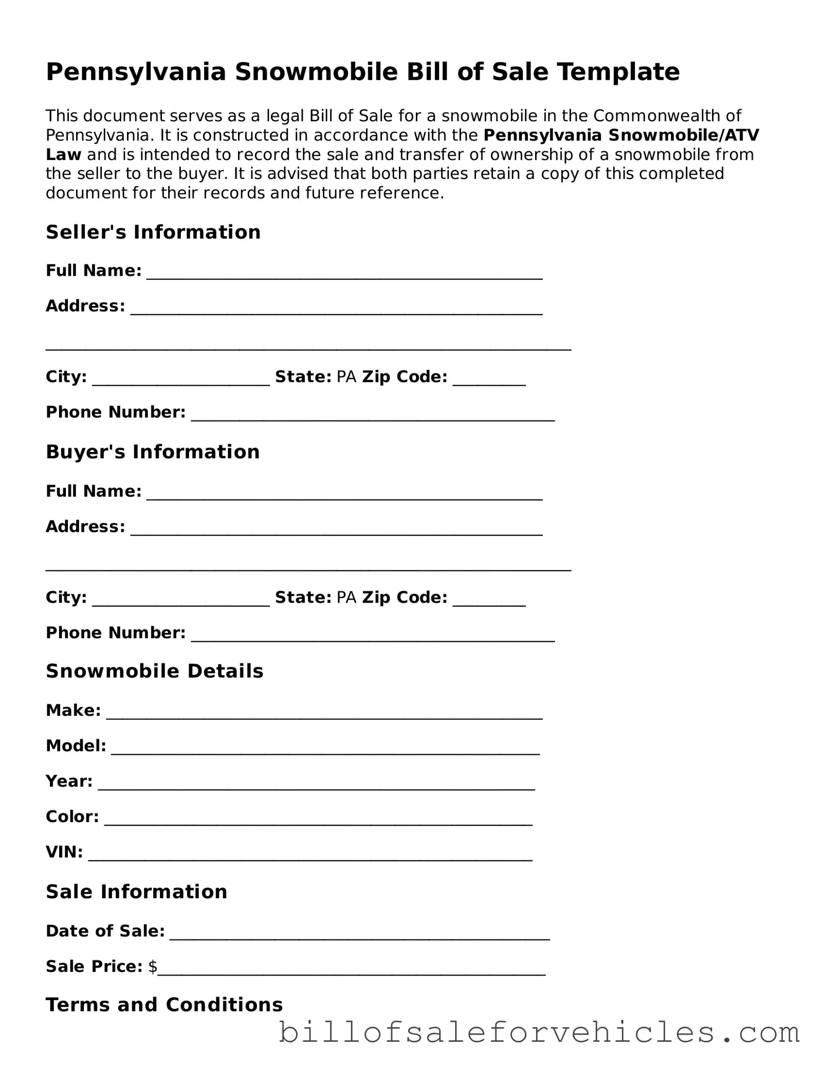 Valid Pennsylvania Snowmobile Bill of Sale Template