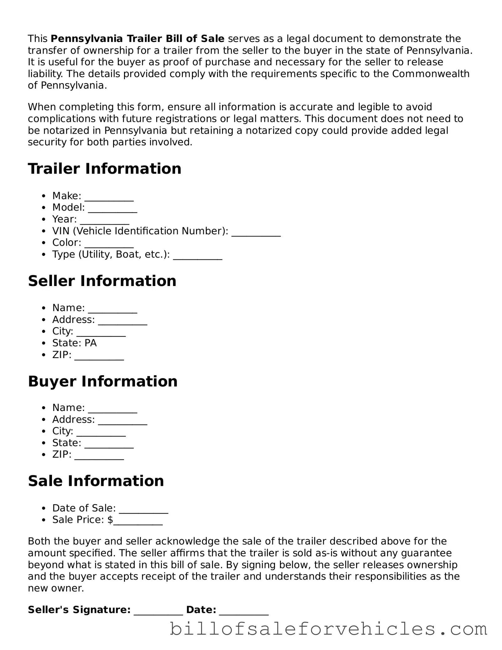 Valid Pennsylvania Trailer Bill of Sale Template