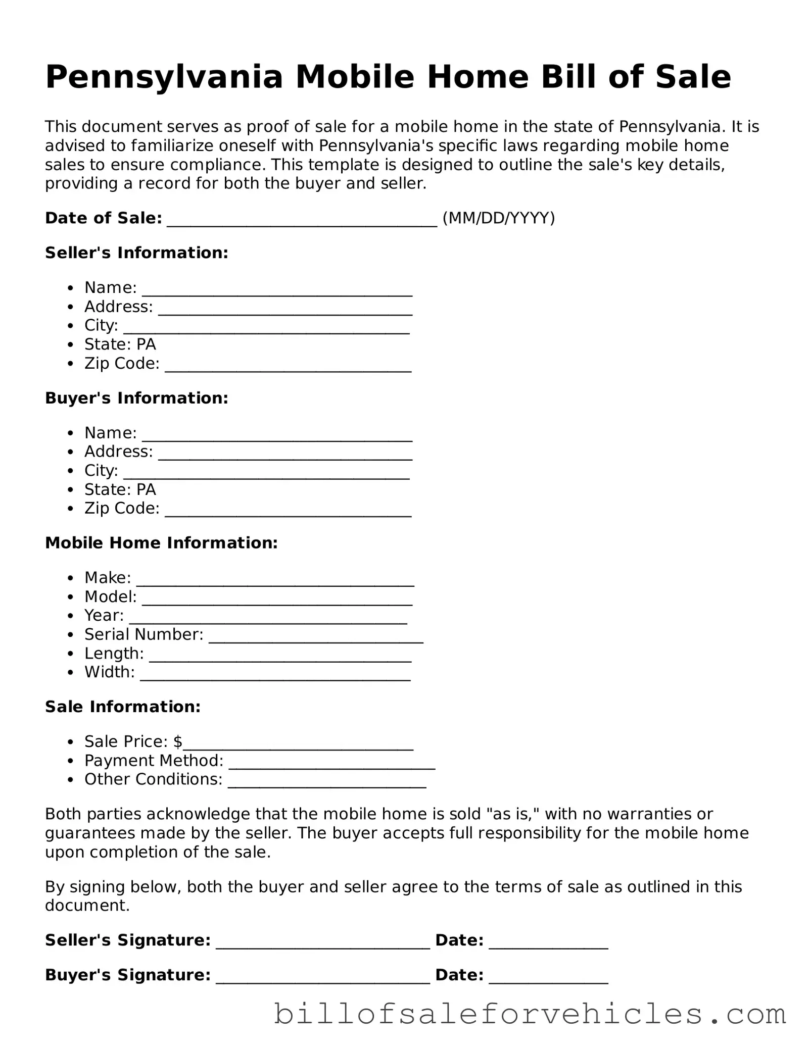 Valid Pennsylvania Mobile Home Bill of Sale Template