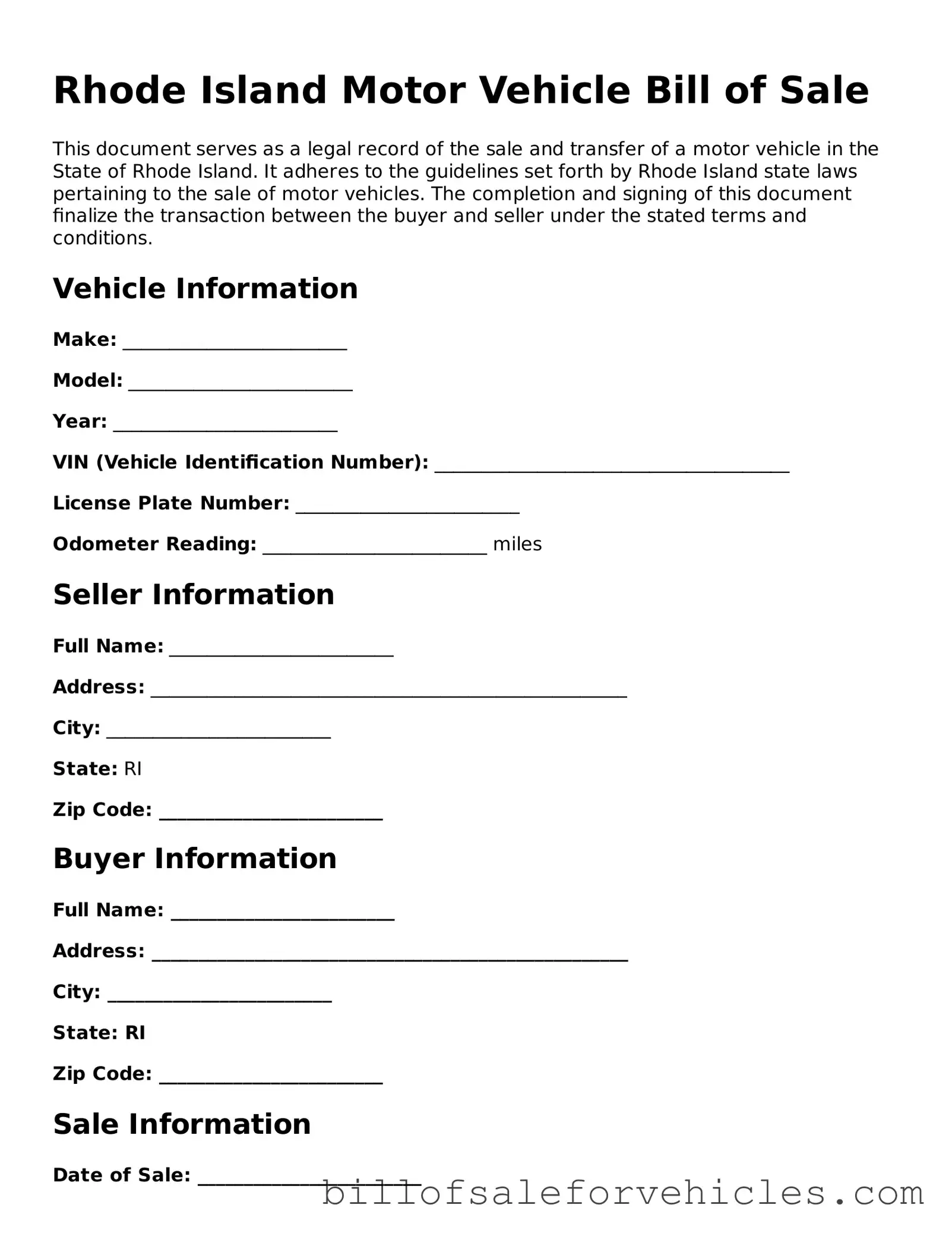 Valid Rhode Island Motor Vehicle Bill of Sale Template