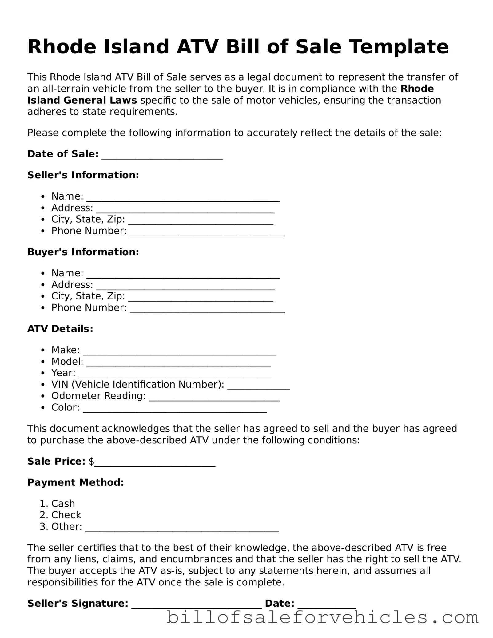 Valid Rhode Island ATV Bill of Sale Template