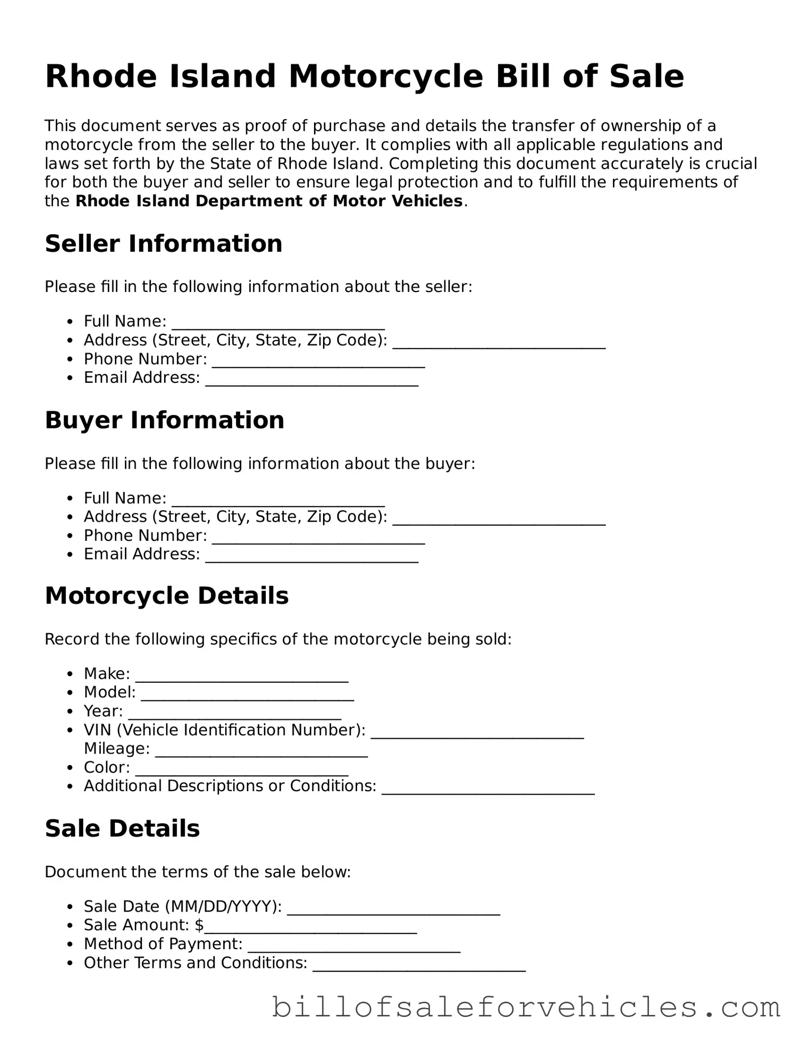 Valid Rhode Island Motorcycle Bill of Sale Template