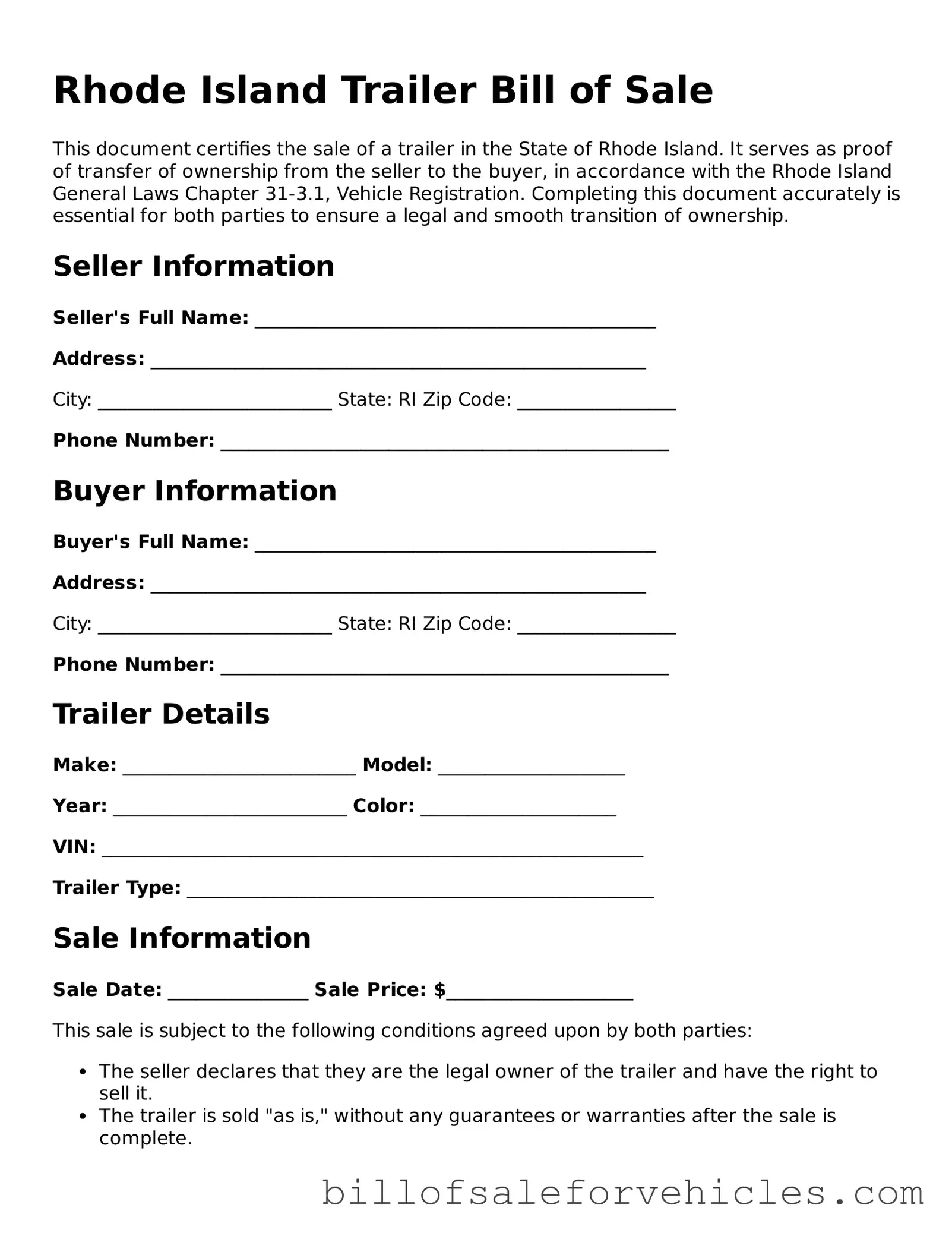 Valid Rhode Island Trailer Bill of Sale Template