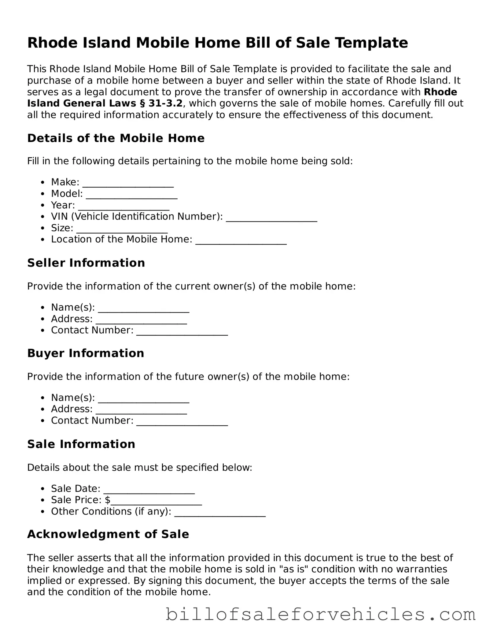 Valid Rhode Island Mobile Home Bill of Sale Template