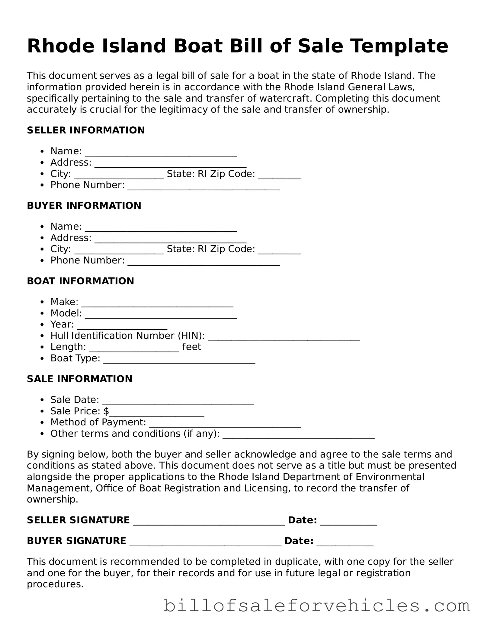 Valid Rhode Island Boat Bill of Sale Template