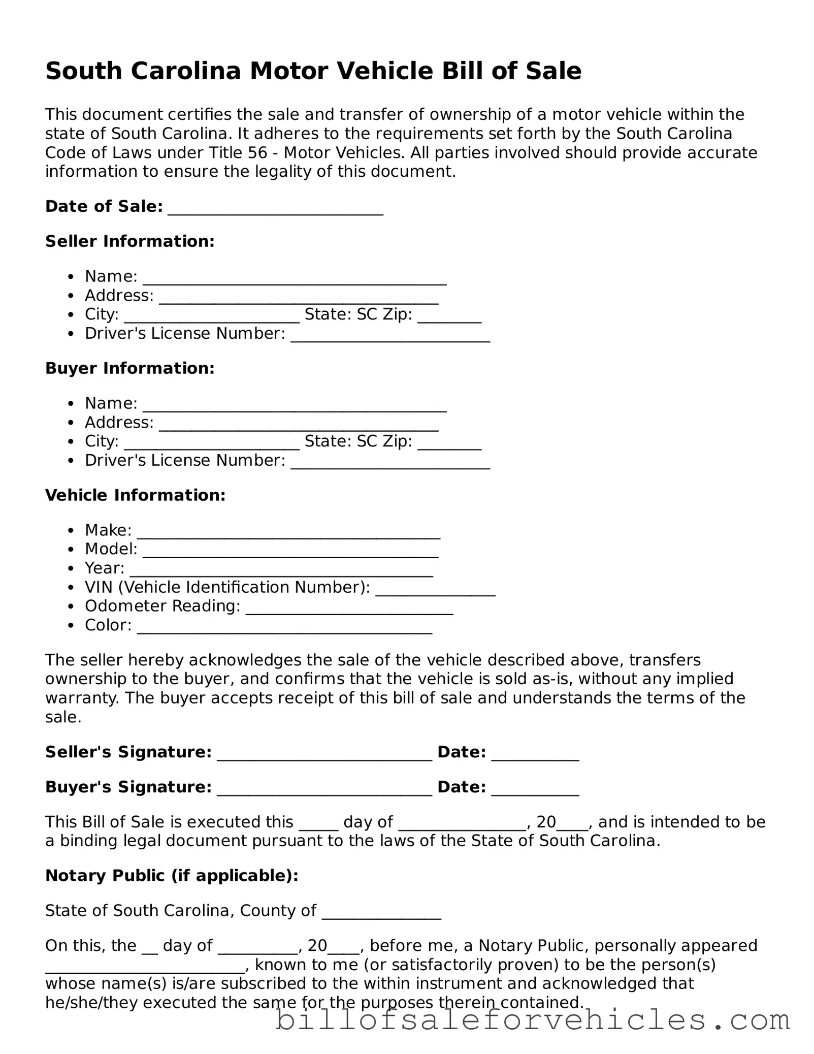 Valid South Carolina Motor Vehicle Bill of Sale Template