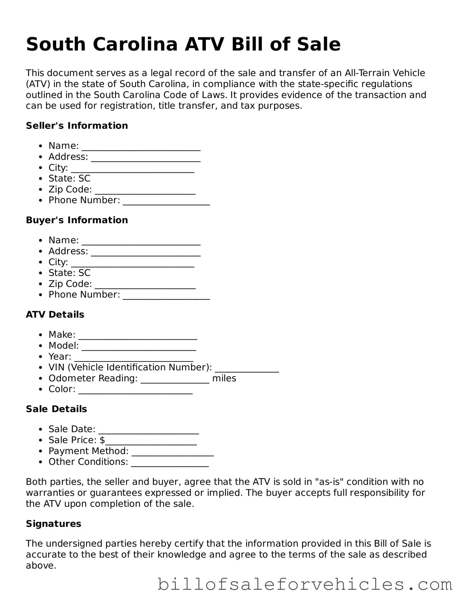 Valid South Carolina ATV Bill of Sale Template