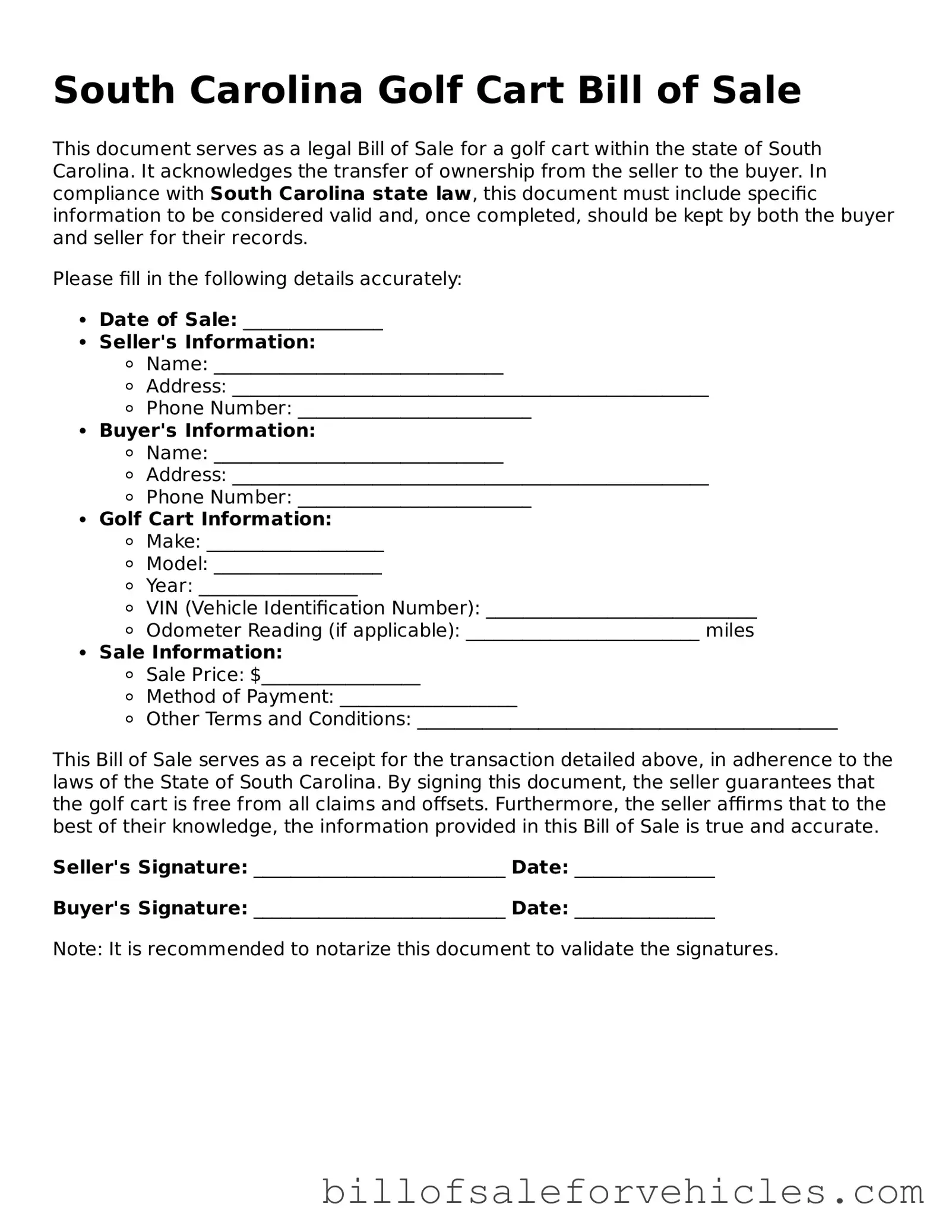 Valid South Carolina Golf Cart Bill of Sale Template