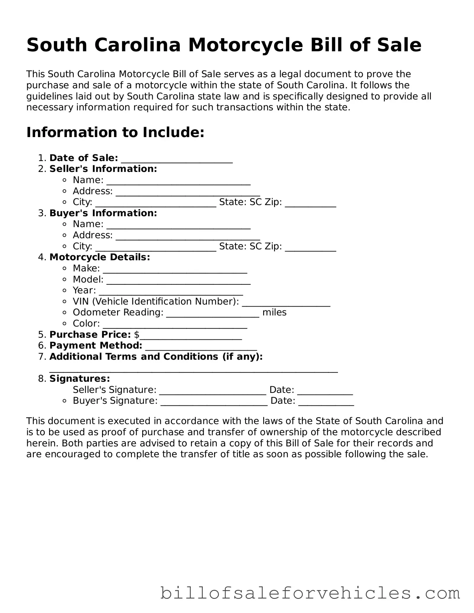 Valid South Carolina Motorcycle Bill of Sale Template