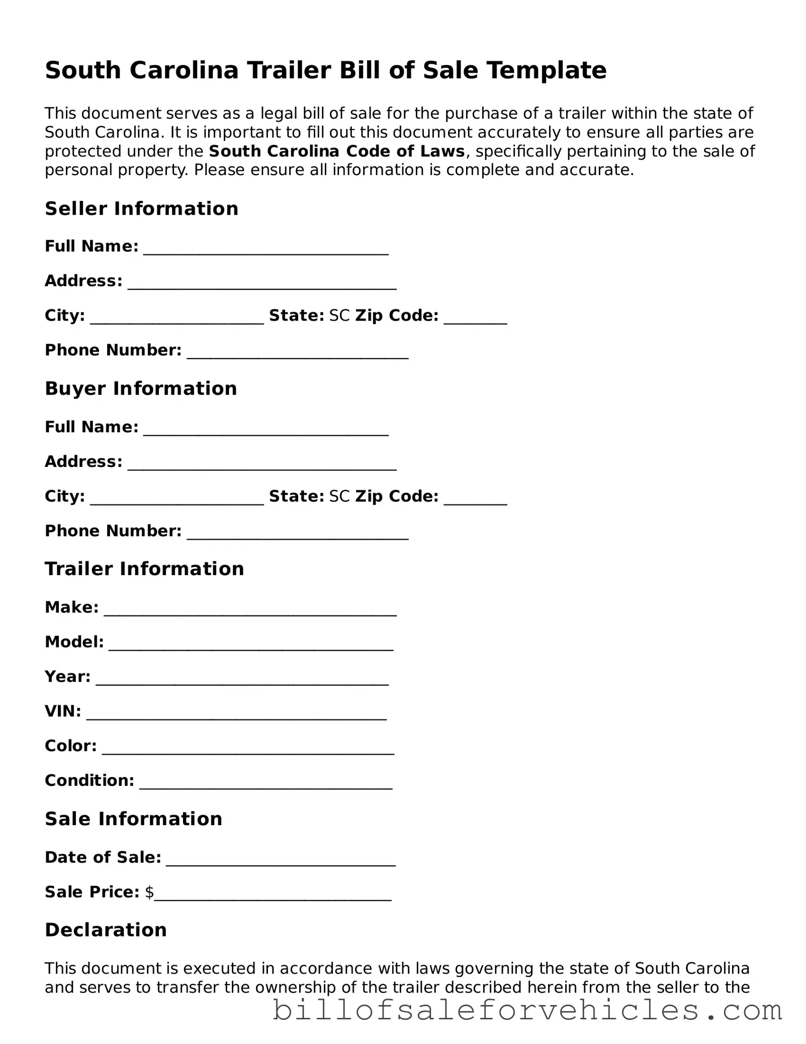 Valid South Carolina Trailer Bill of Sale Template