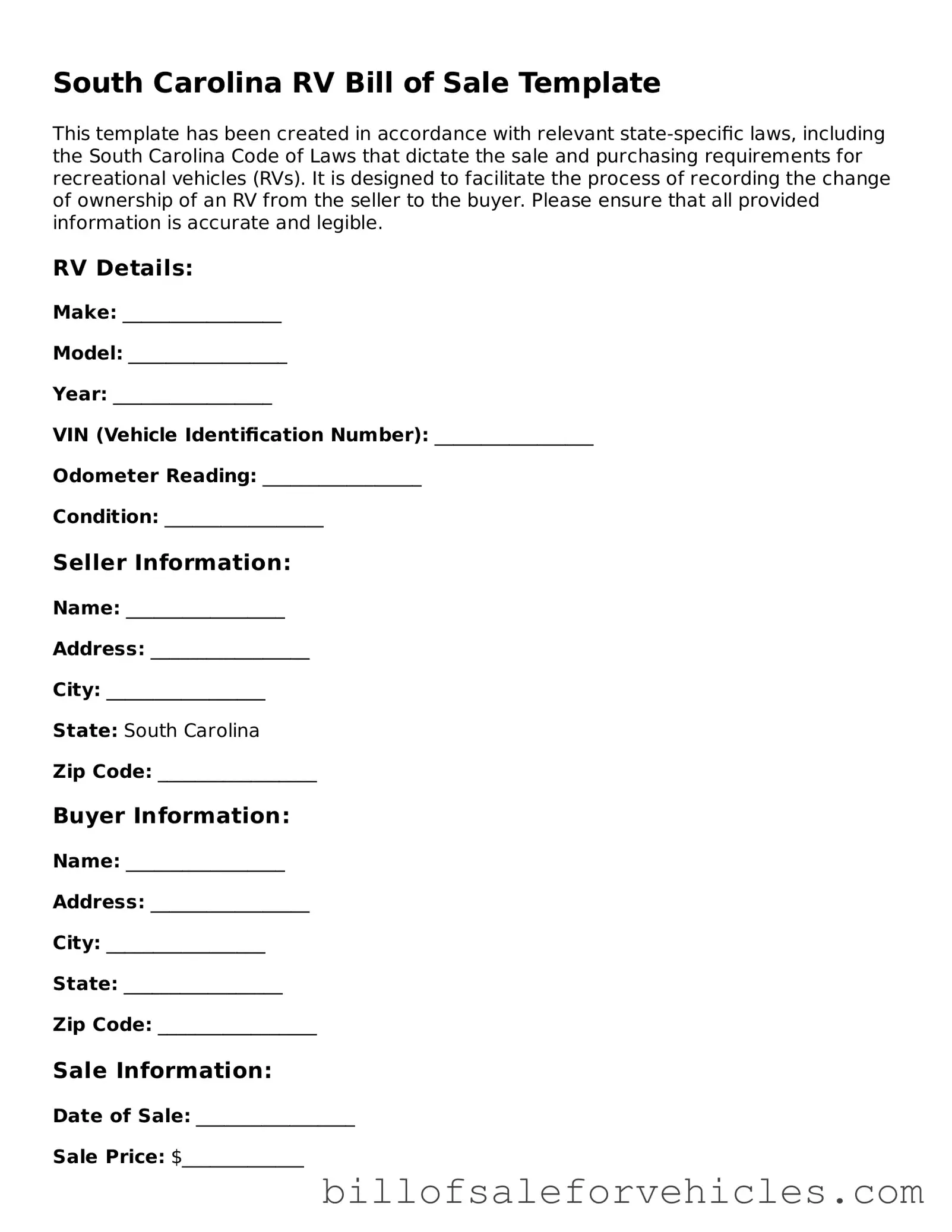 Valid South Carolina RV Bill of Sale Template