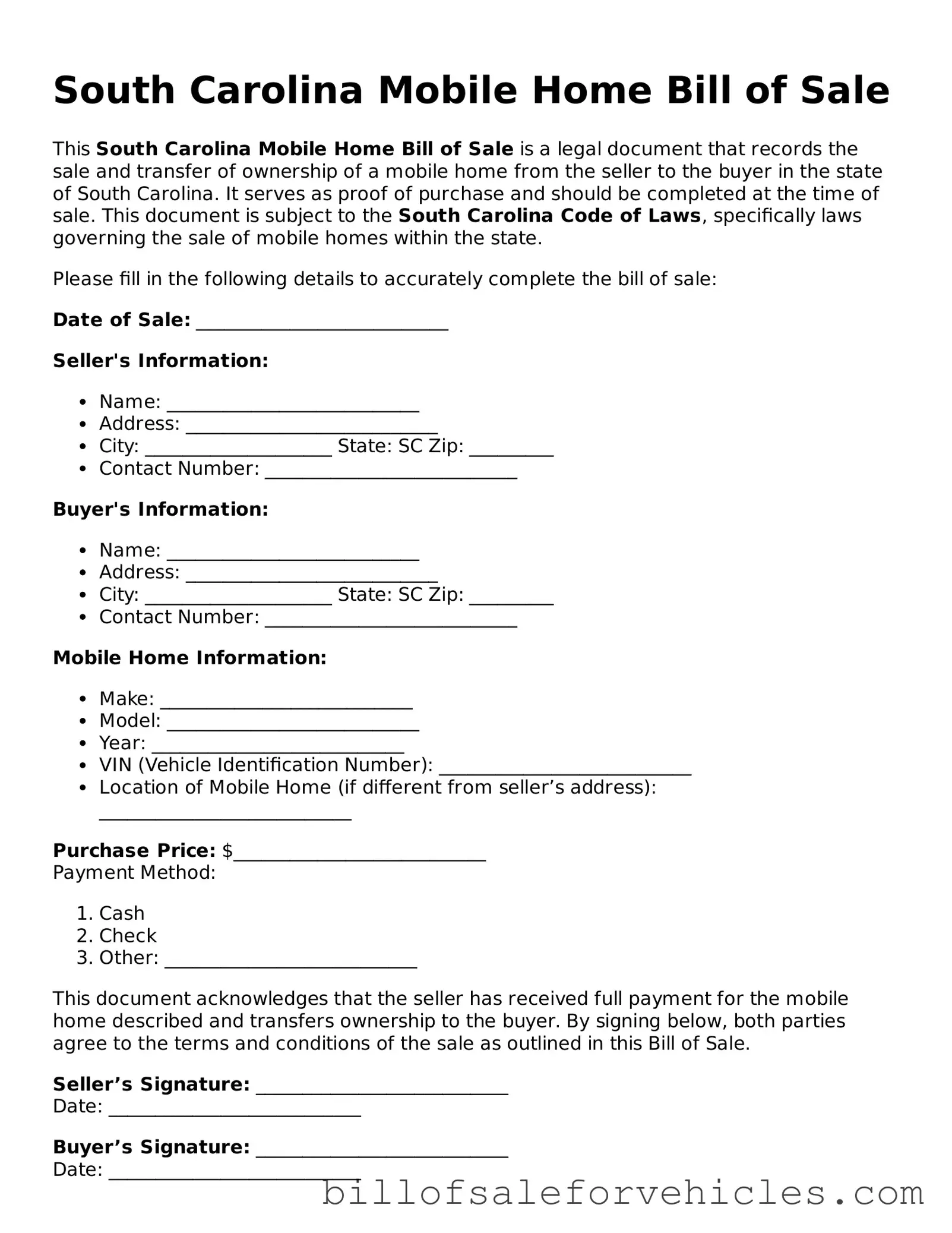 Valid South Carolina Mobile Home Bill of Sale Template