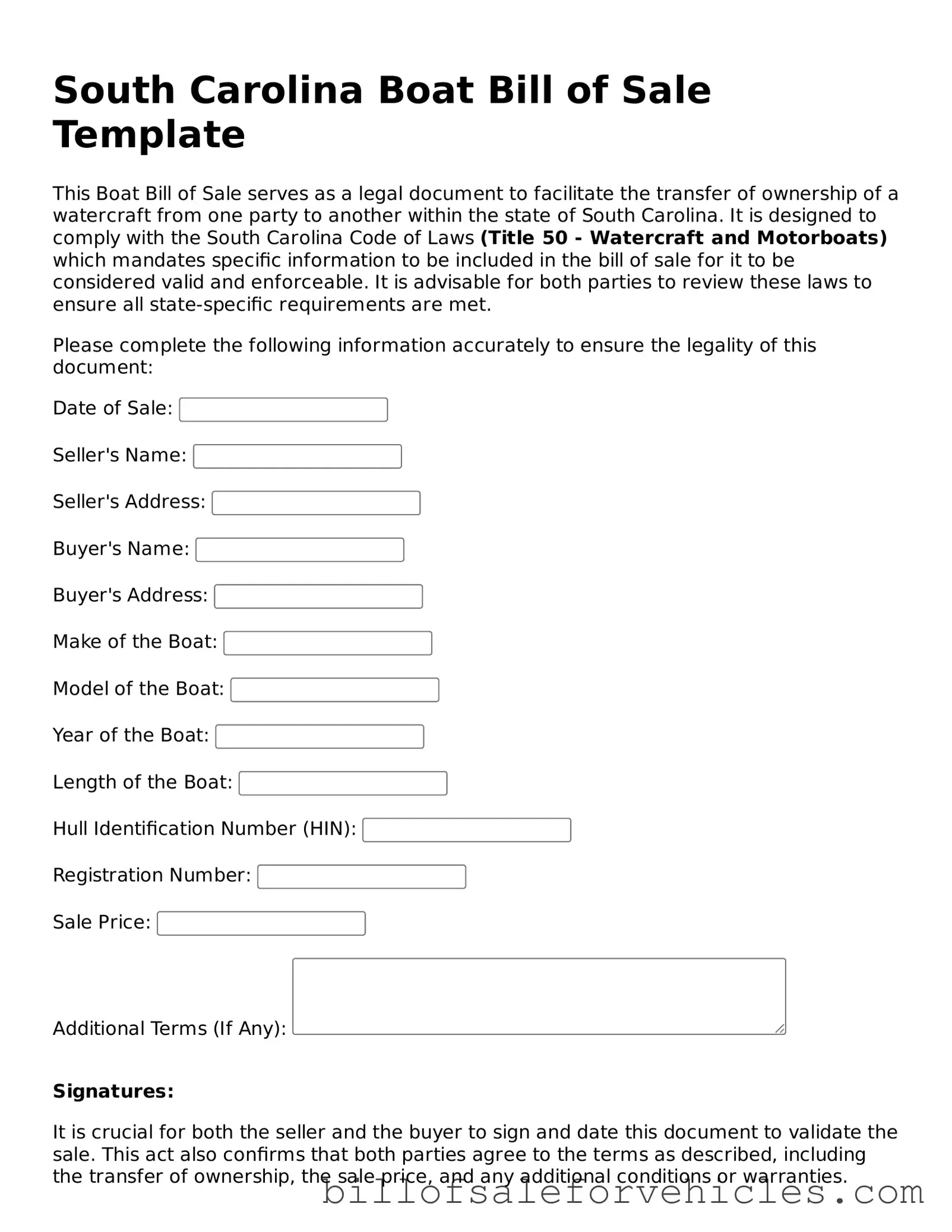 Valid South Carolina Boat Bill of Sale Template