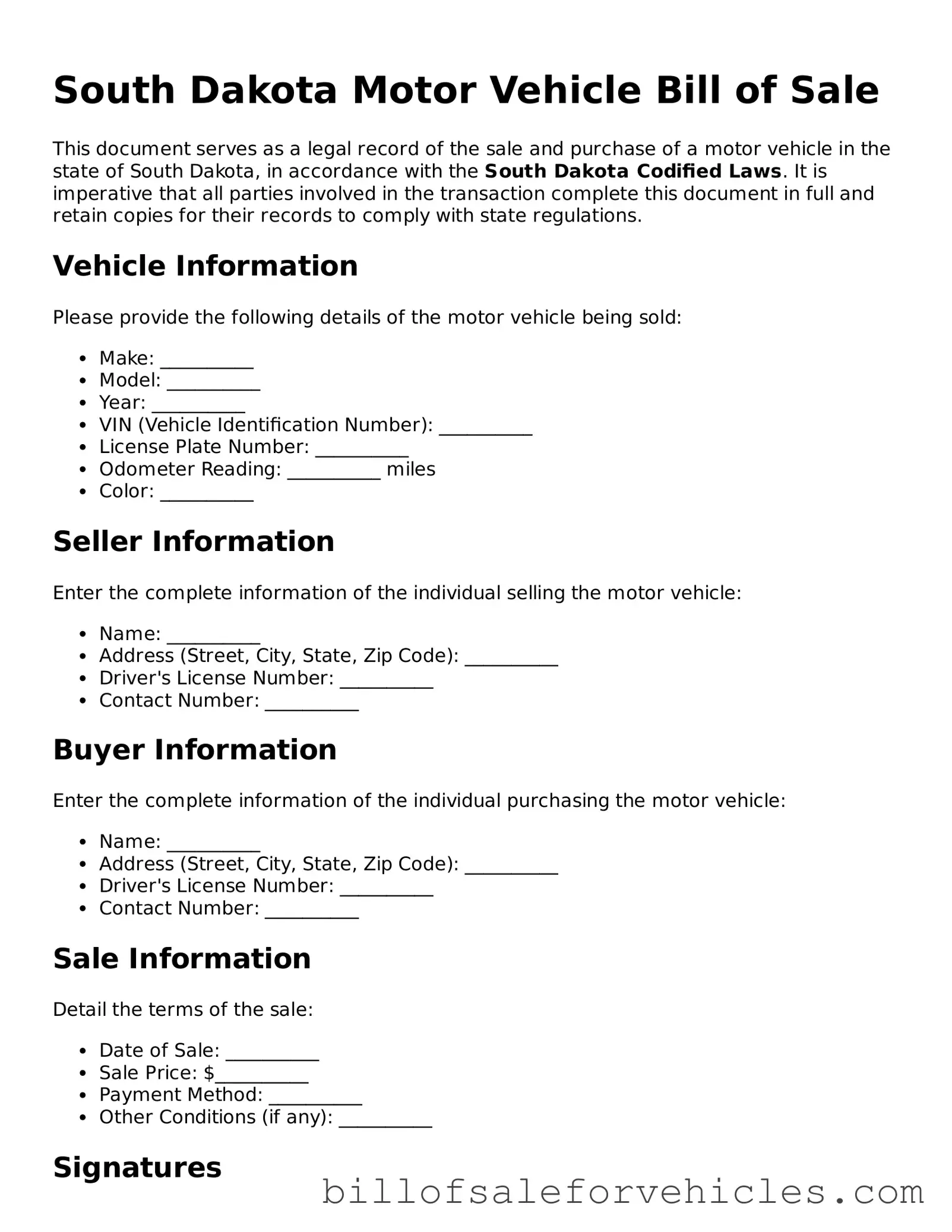 Valid South Dakota Motor Vehicle Bill of Sale Template
