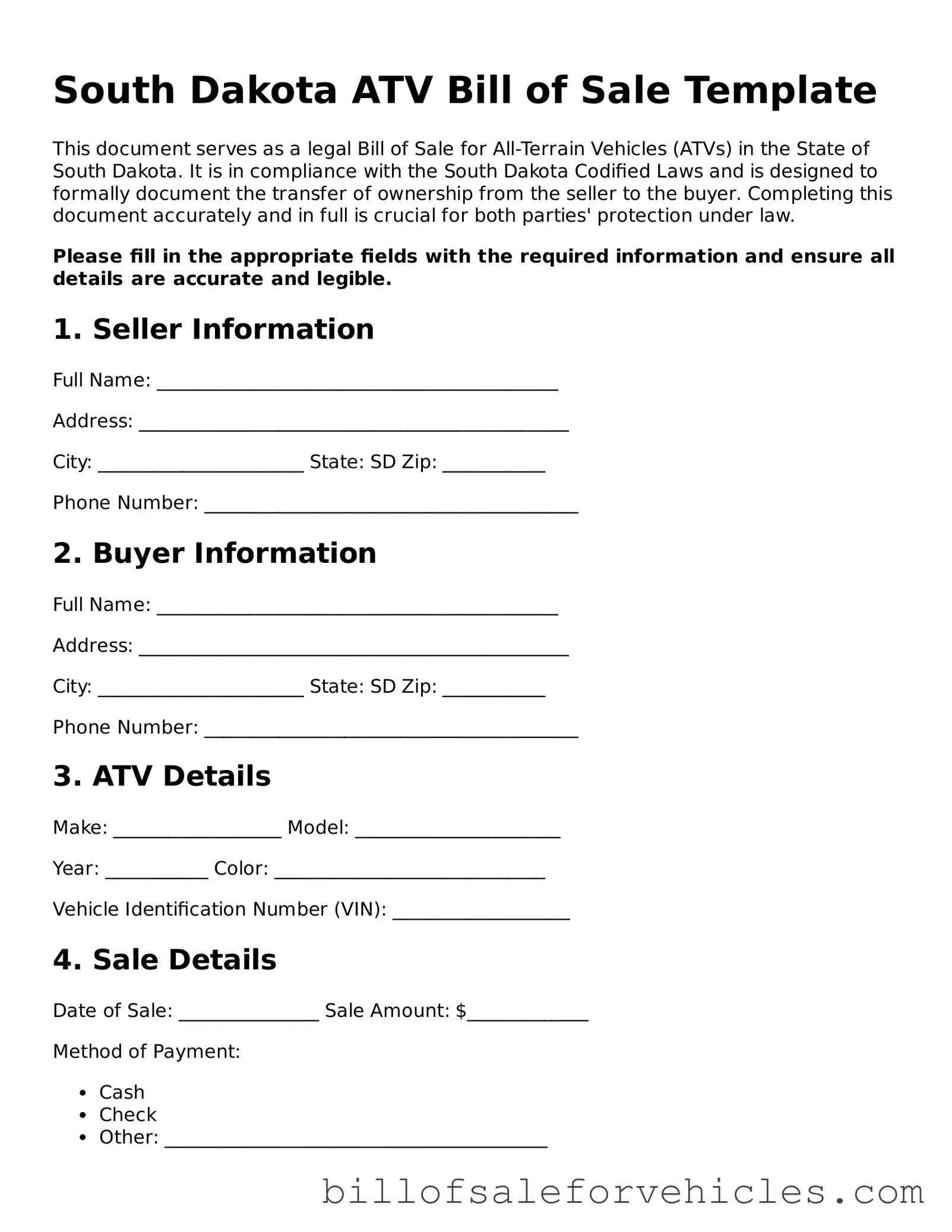 Valid South Dakota ATV Bill of Sale Template
