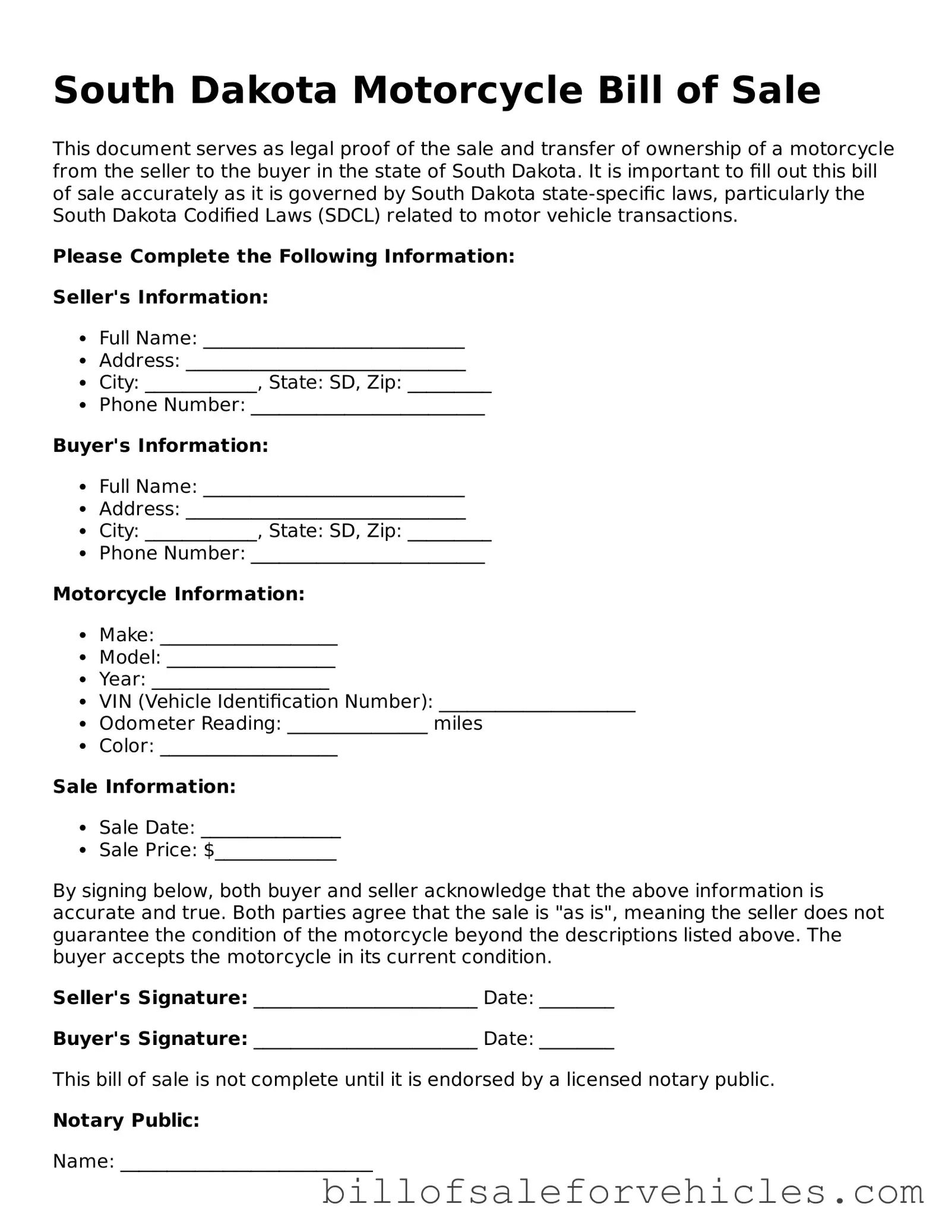 Valid South Dakota Motorcycle Bill of Sale Template