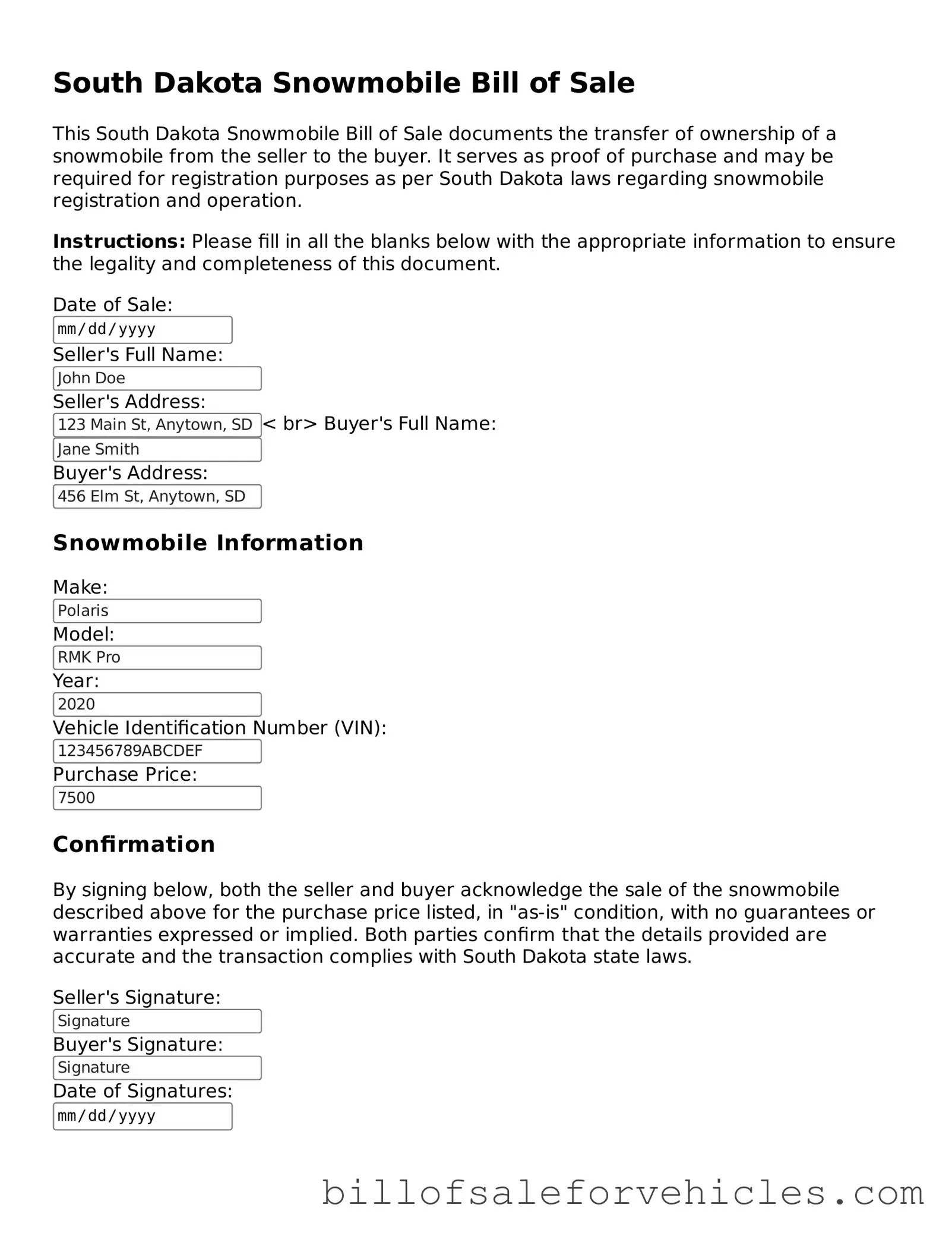 Valid South Dakota Snowmobile Bill of Sale Template