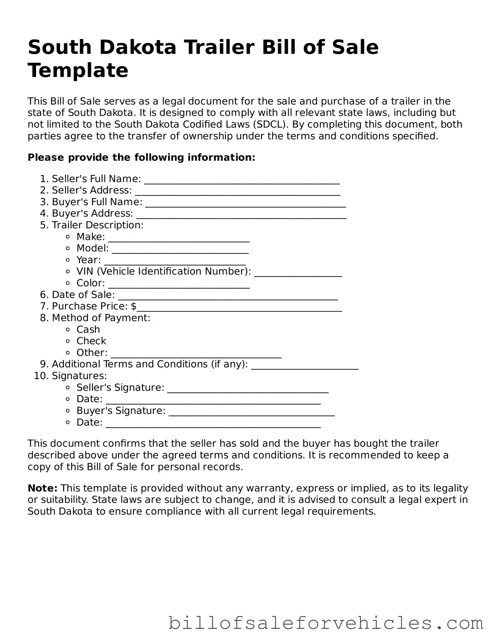 Valid South Dakota Trailer Bill of Sale Template