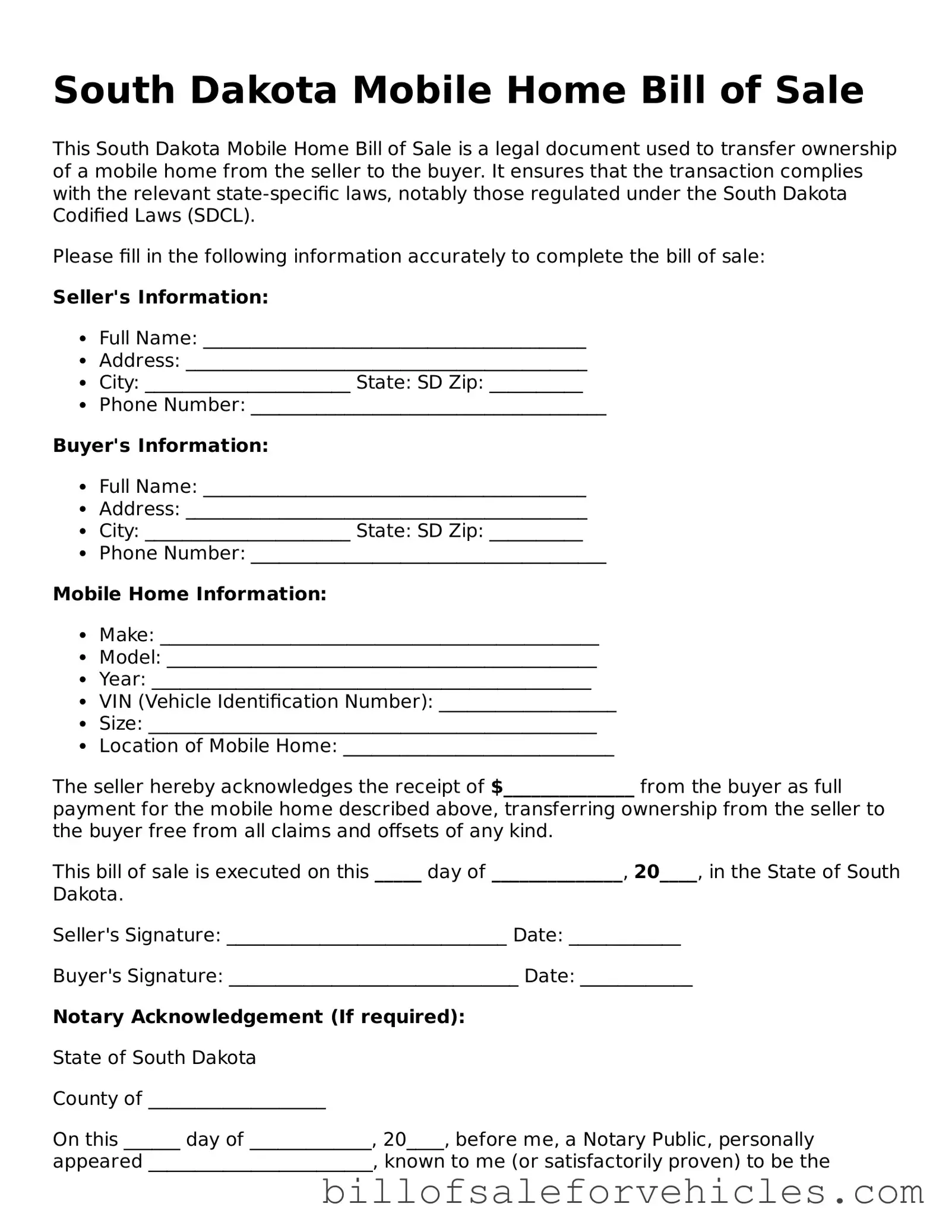 Valid South Dakota Mobile Home Bill of Sale Template