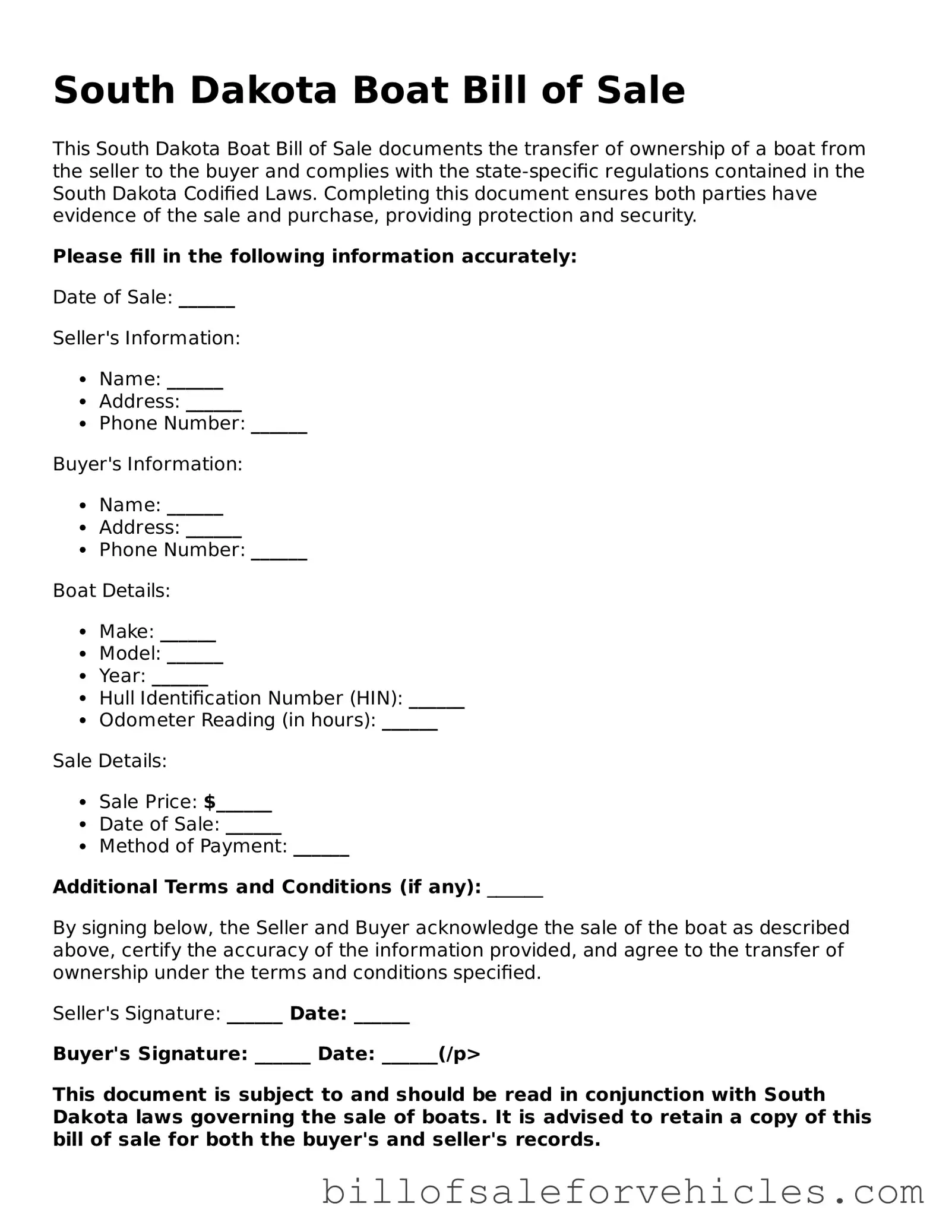 Valid South Dakota Boat Bill of Sale Template