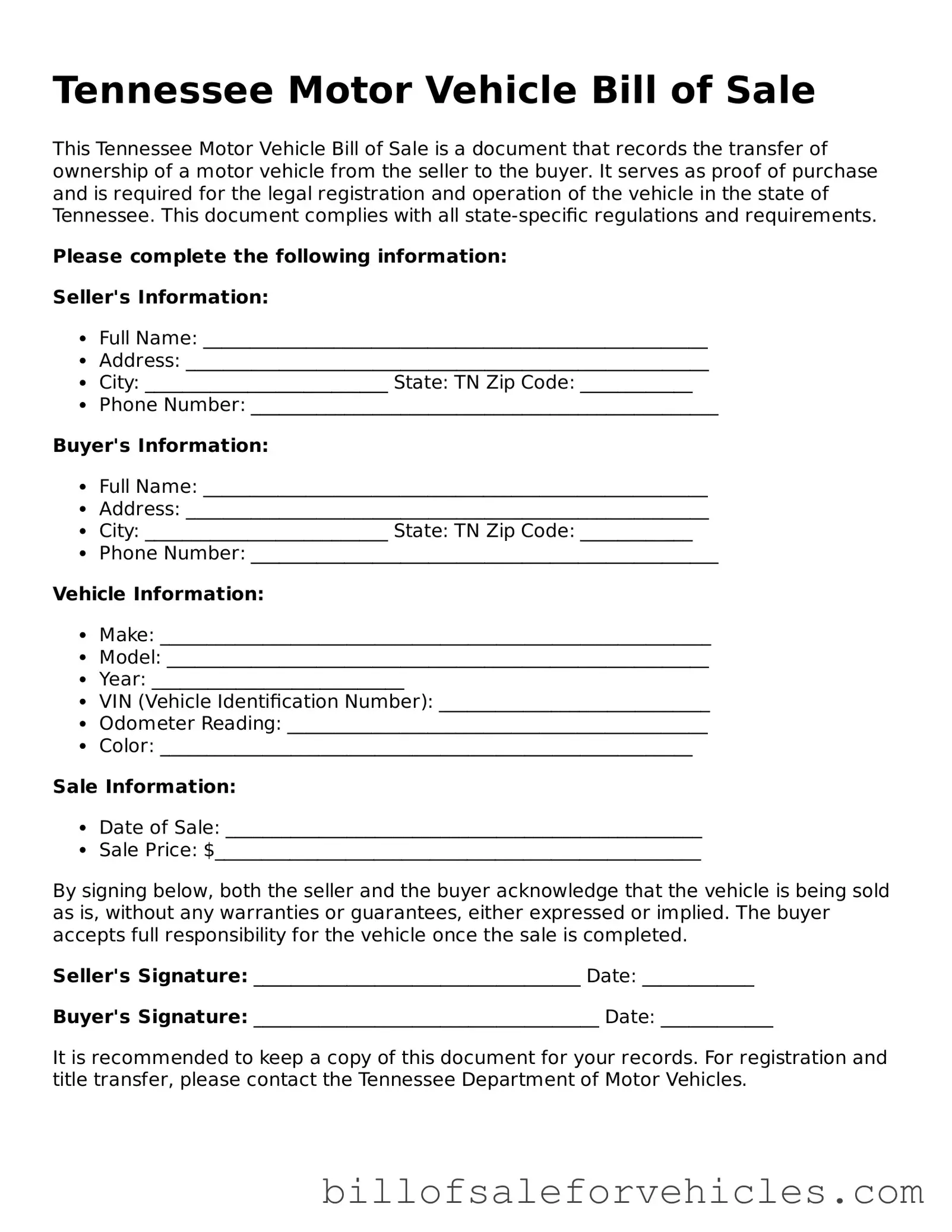 Valid Tennessee Motor Vehicle Bill of Sale Template