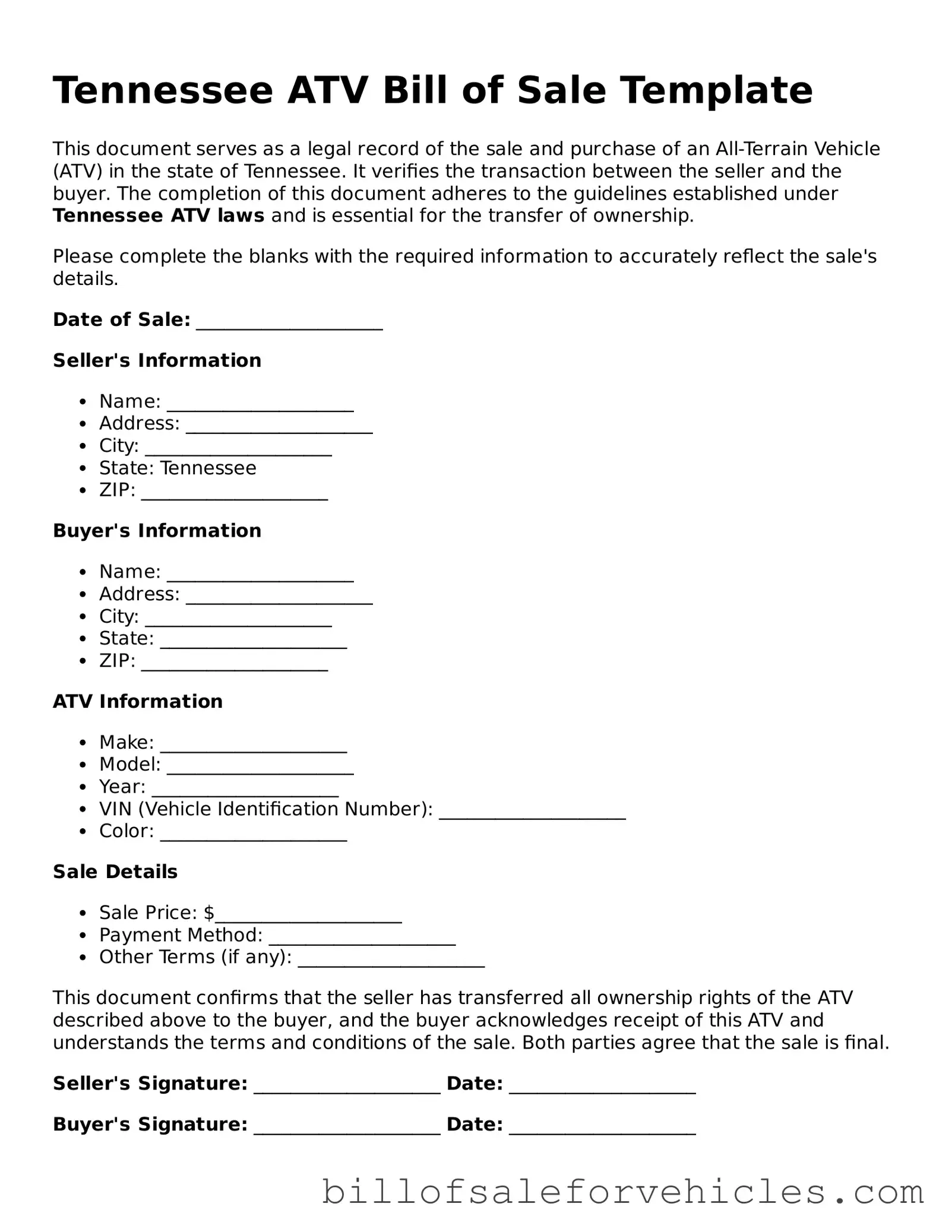 Valid Tennessee ATV Bill of Sale Template