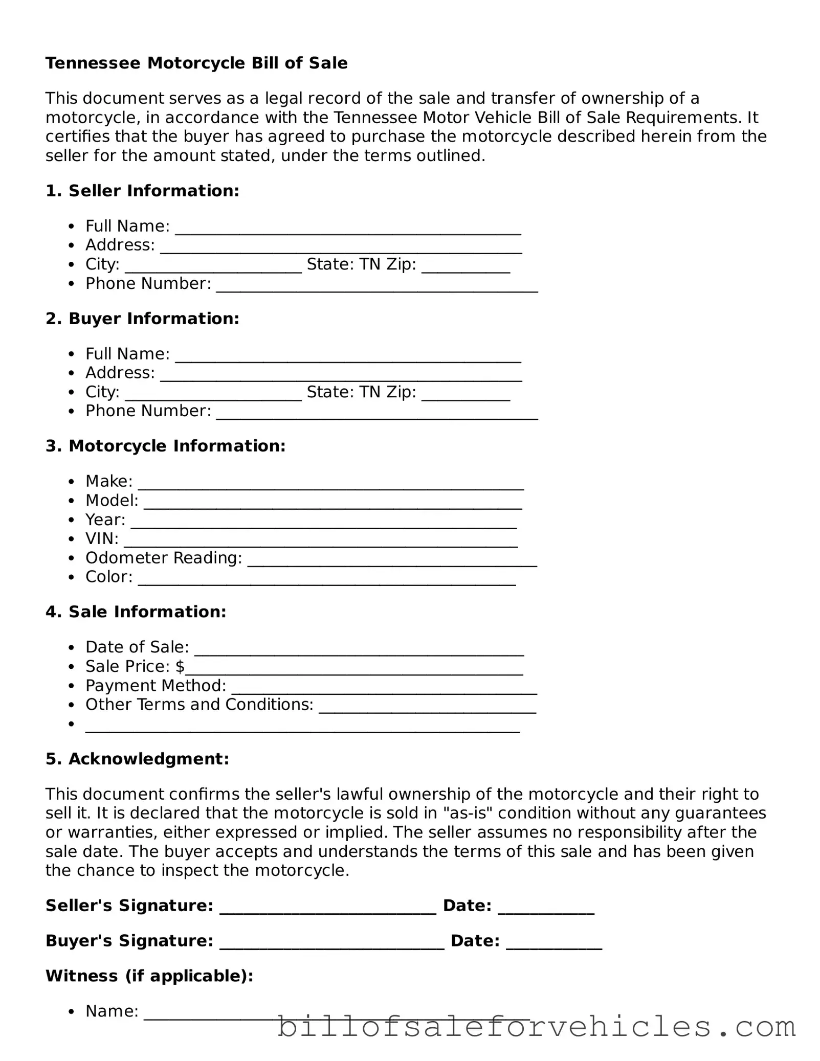 Valid Tennessee Motorcycle Bill of Sale Template