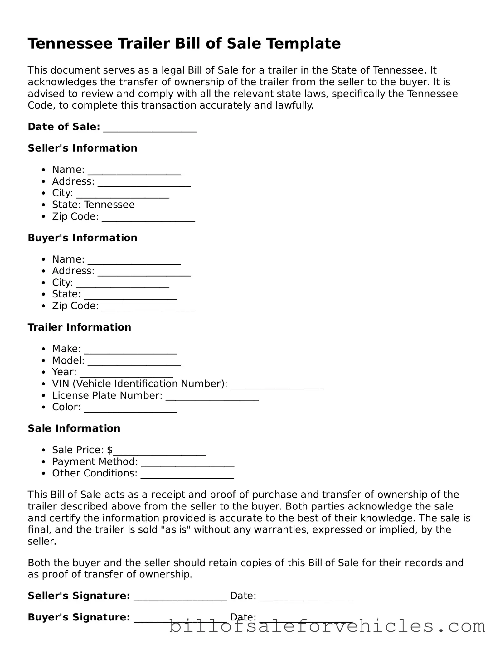 Valid Tennessee Trailer Bill of Sale Template