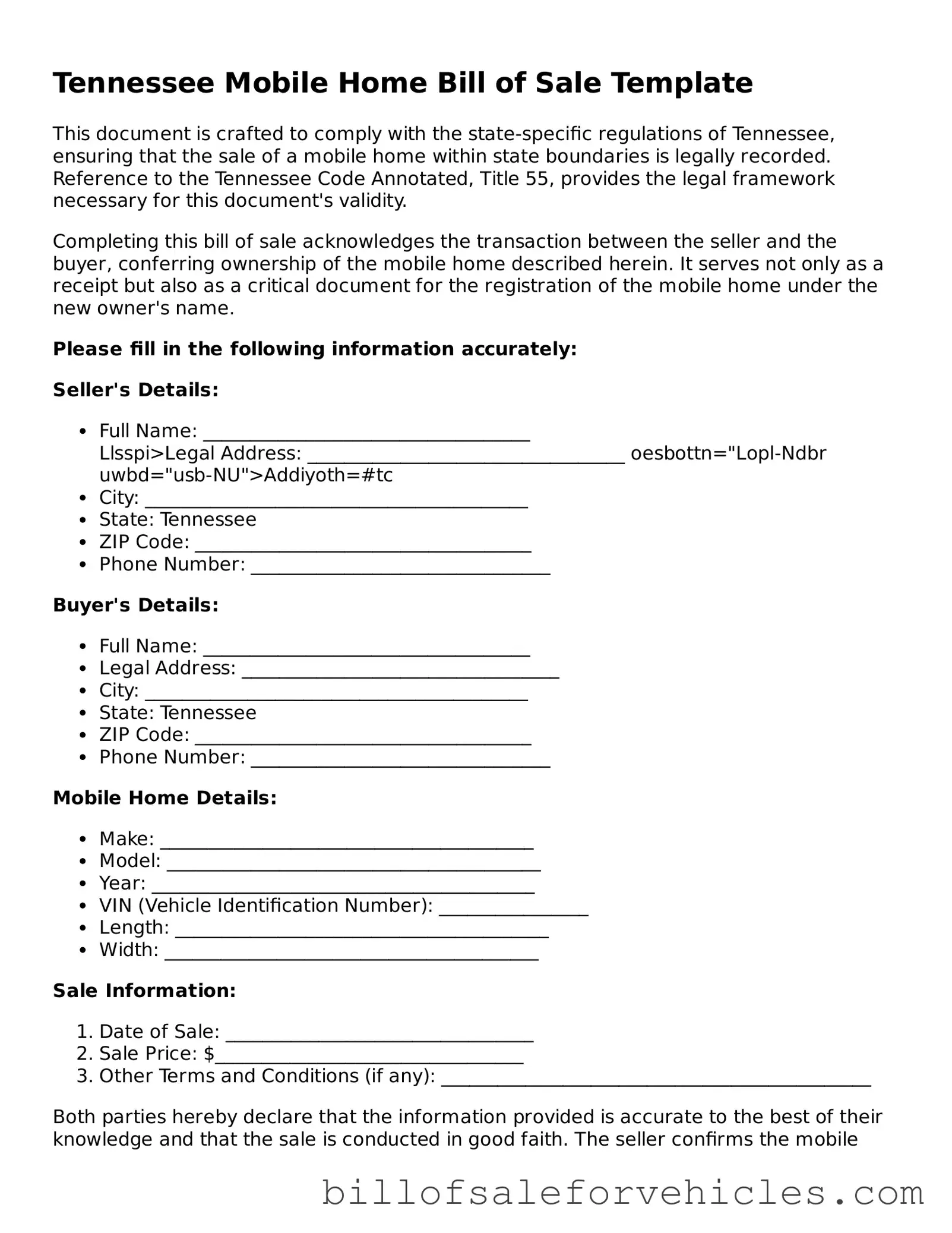 Valid Tennessee Mobile Home Bill of Sale Template