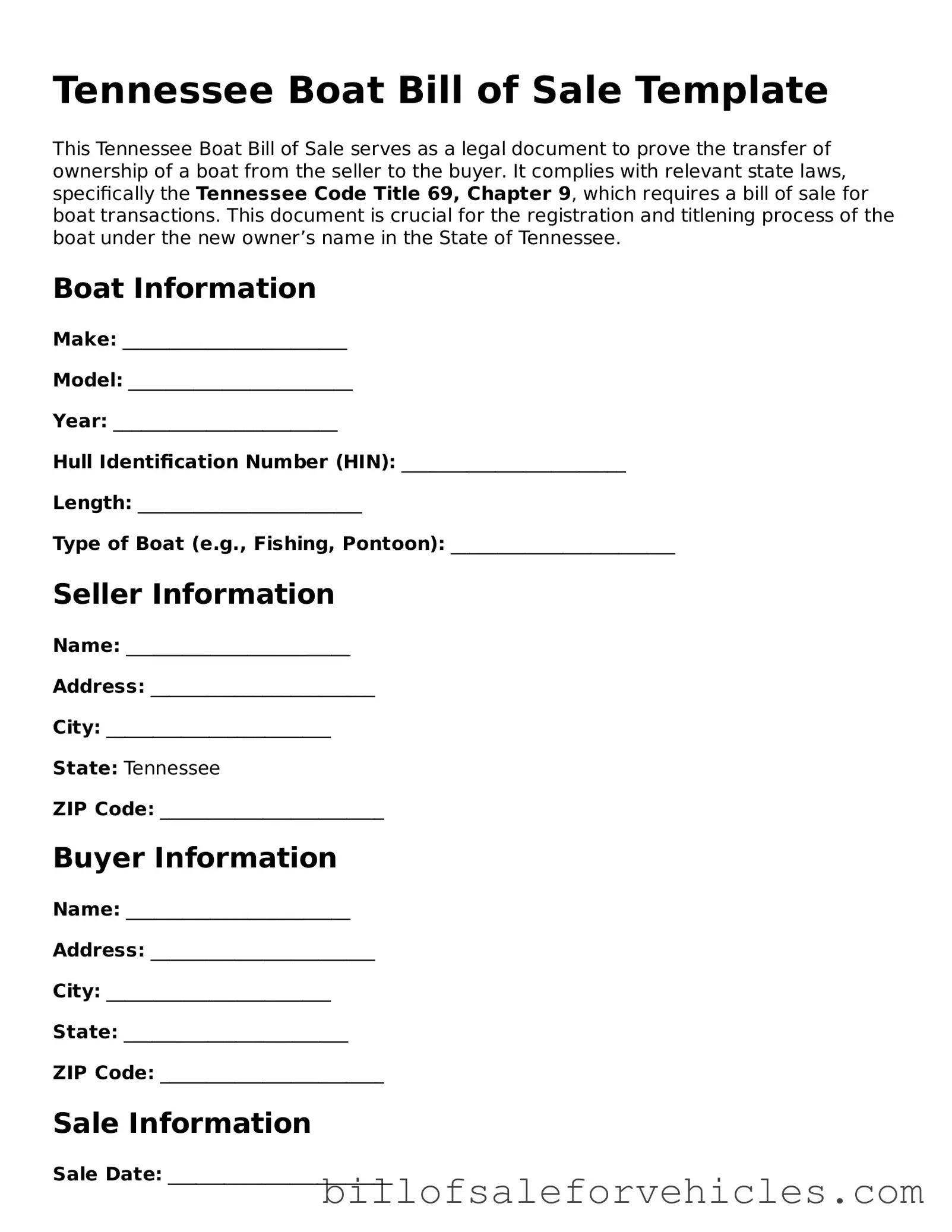 Valid Tennessee Boat Bill of Sale Template