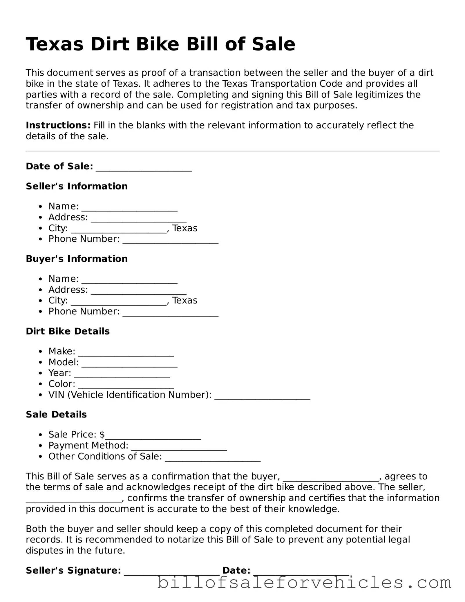 Valid Texas Dirt Bike Bill of Sale Template