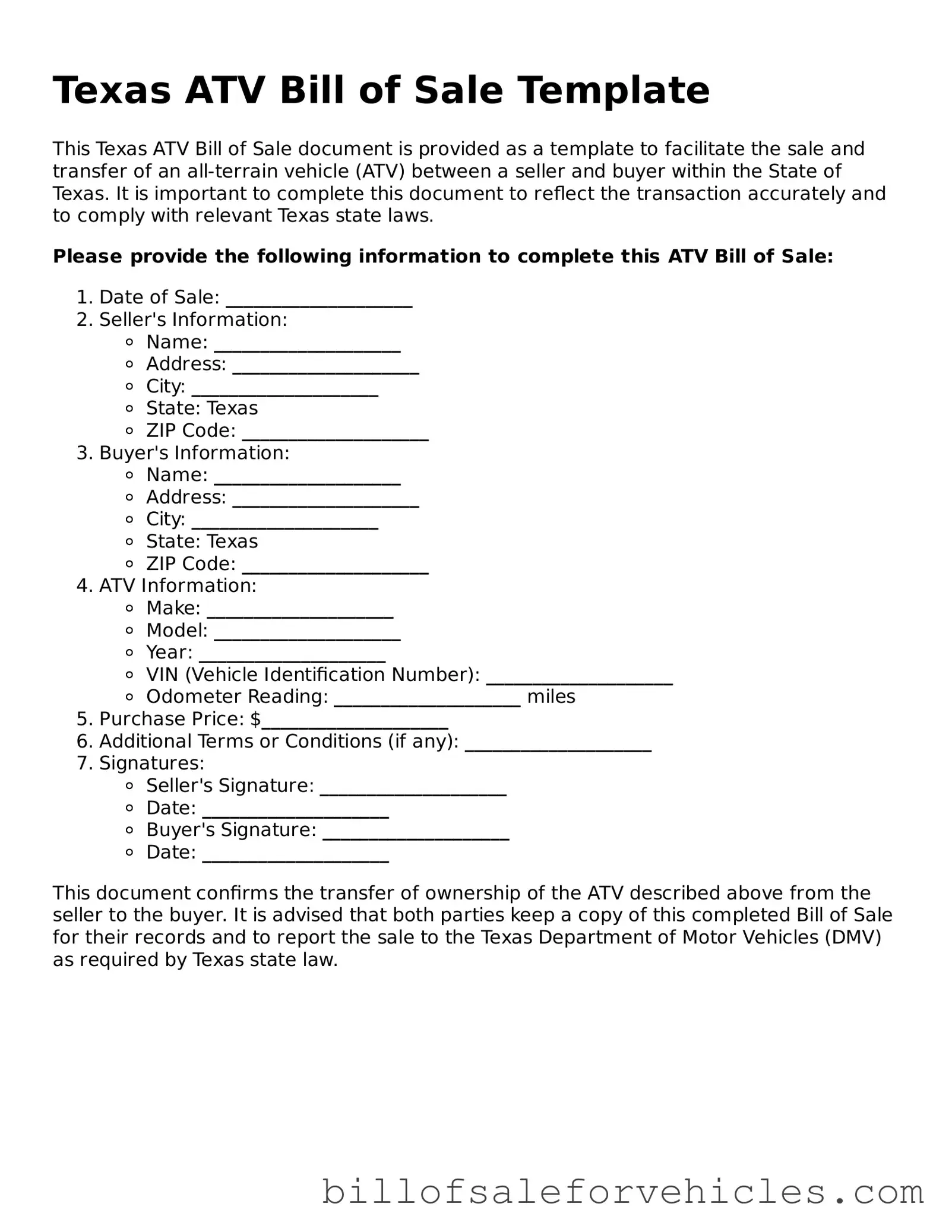 Valid Texas ATV Bill of Sale Template