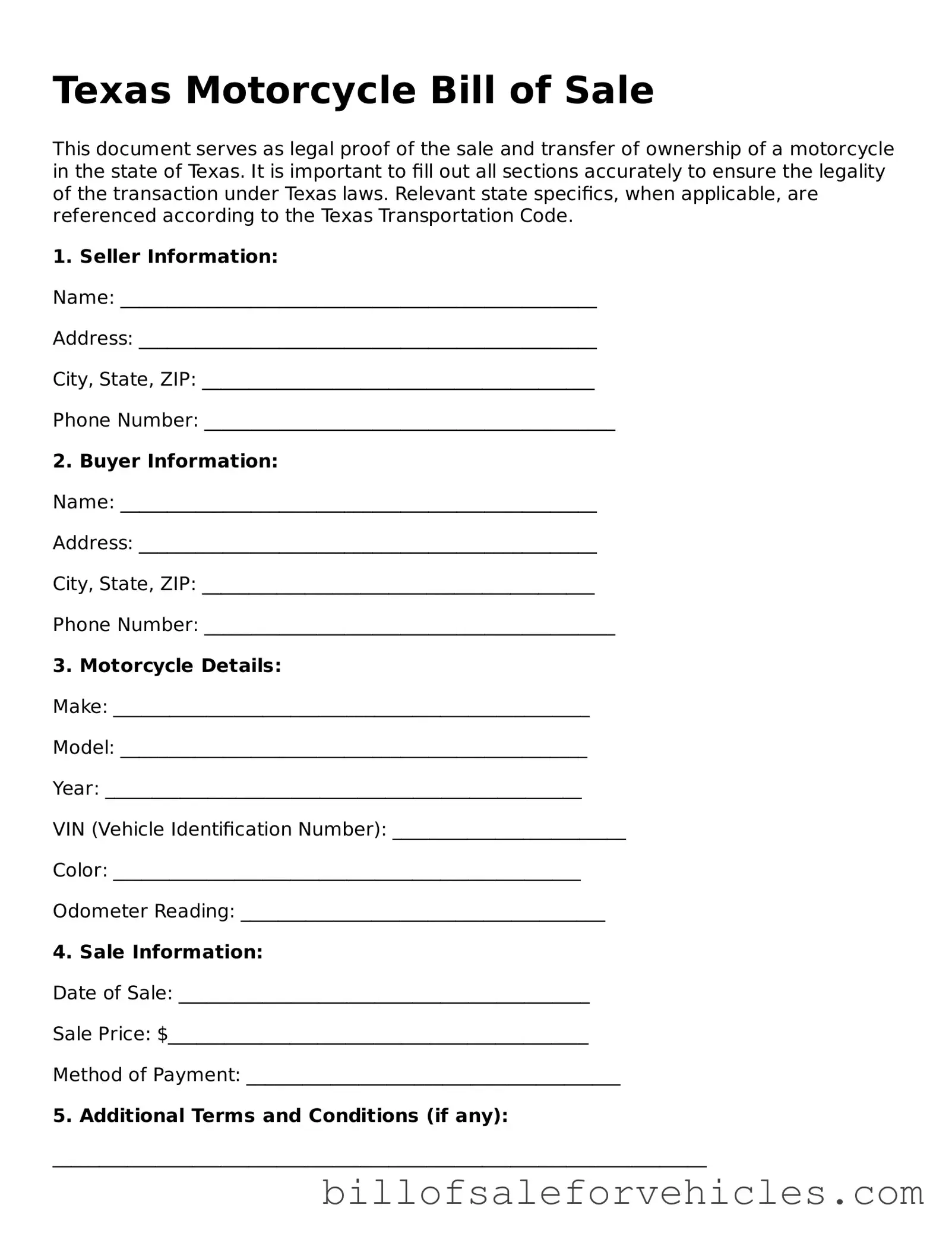 Valid Texas Motorcycle Bill of Sale Template