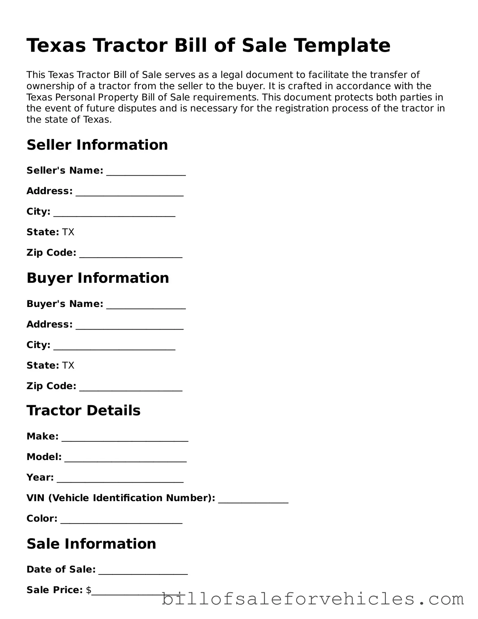 Valid Texas Tractor Bill of Sale Template
