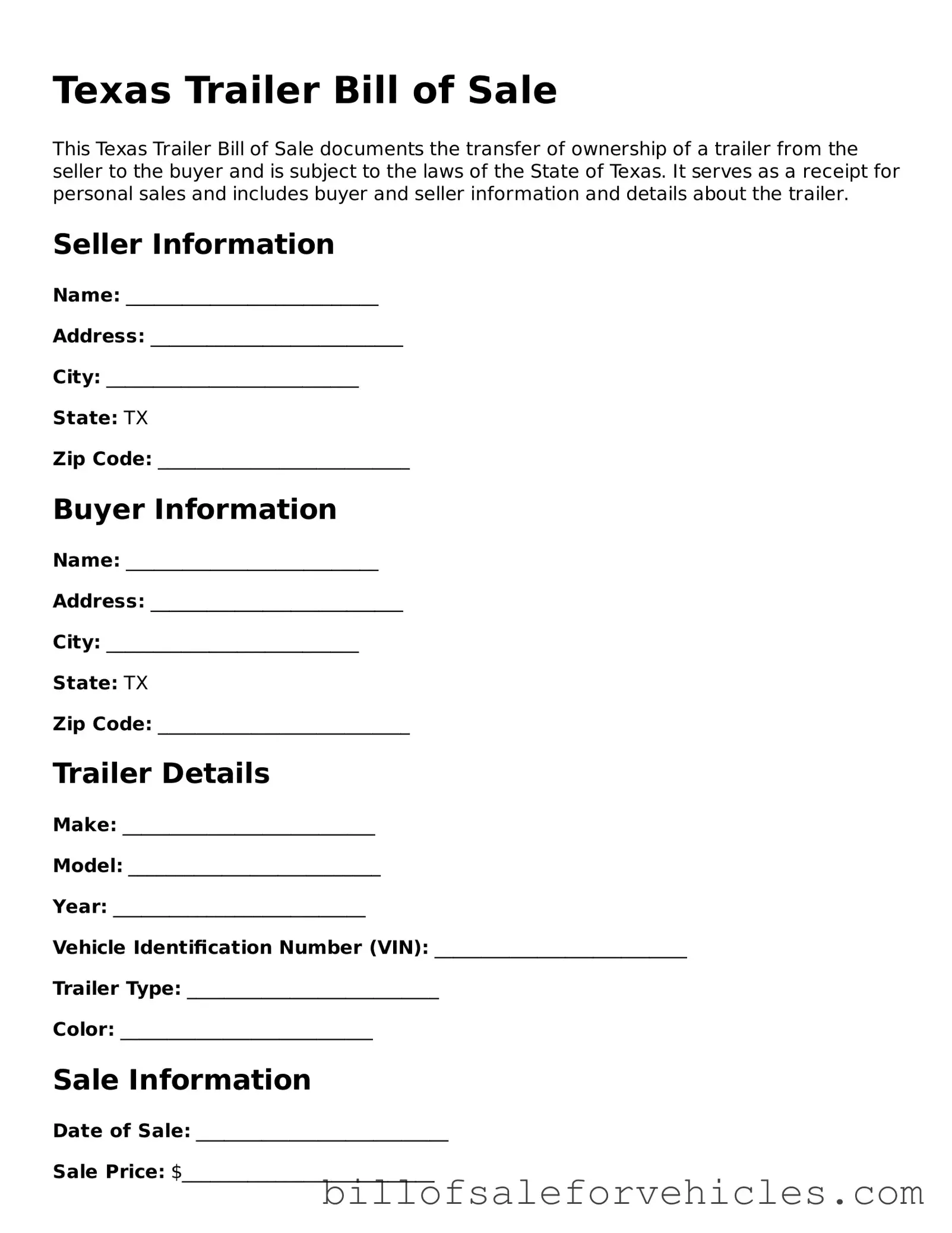 Valid Texas Trailer Bill of Sale Template