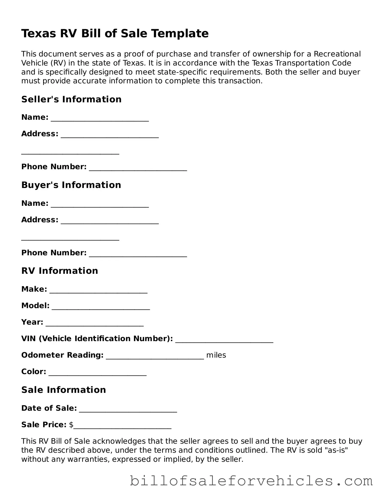 Valid Texas RV Bill of Sale Template