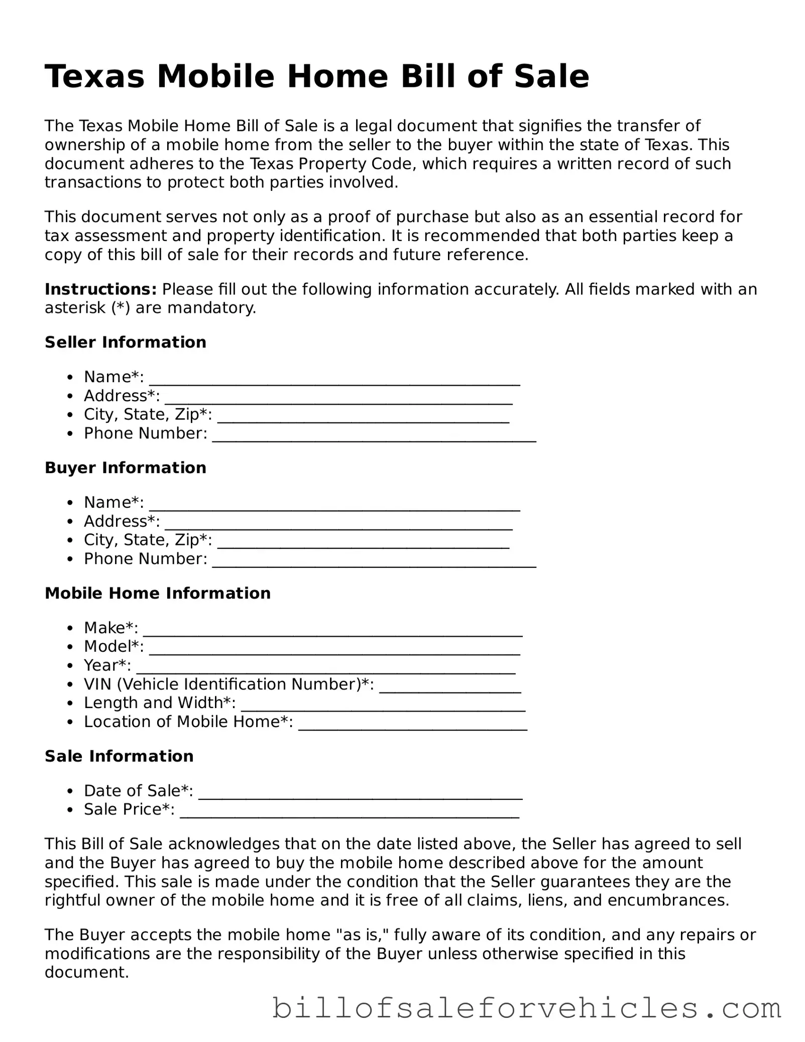 Valid Texas Mobile Home Bill of Sale Template