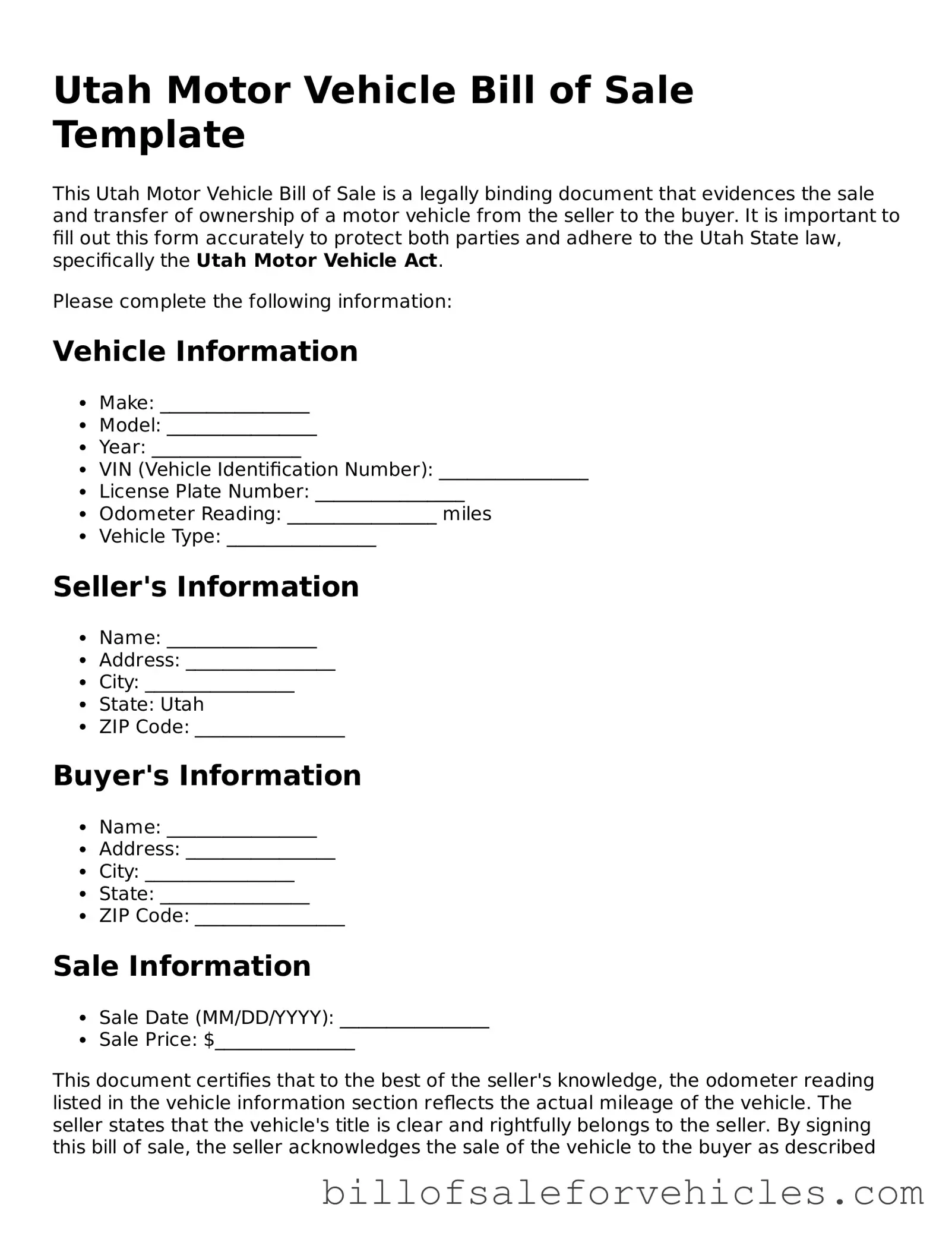 Valid Utah Motor Vehicle Bill of Sale Template