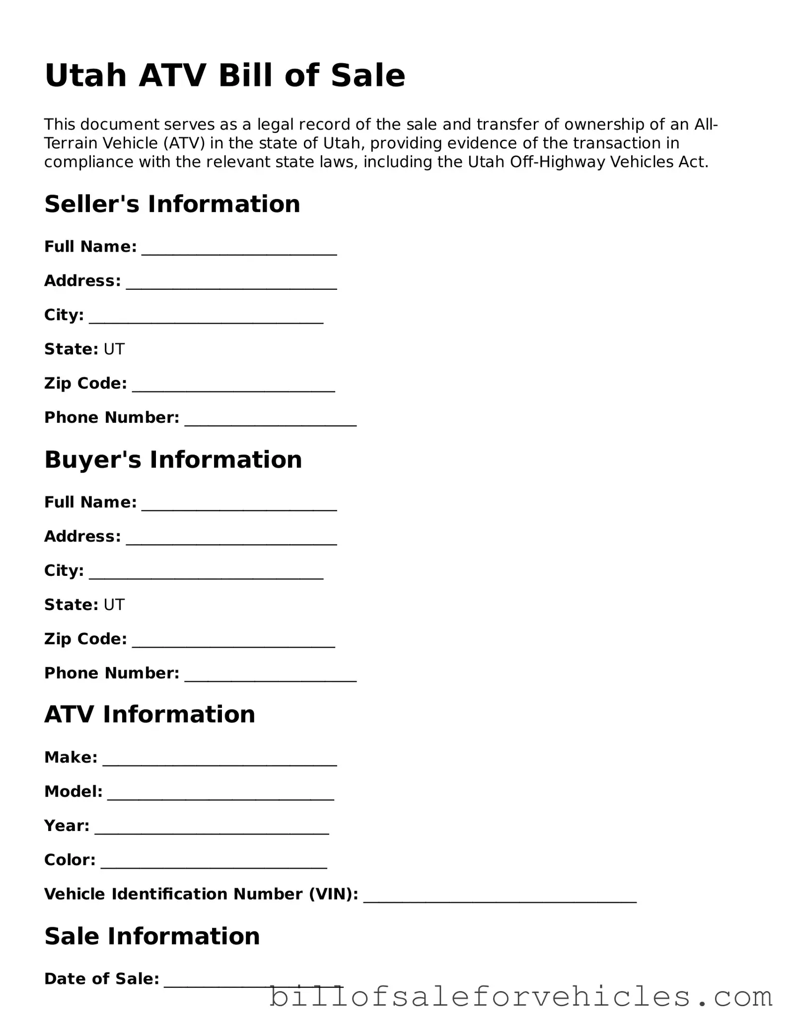 Valid Utah ATV Bill of Sale Template