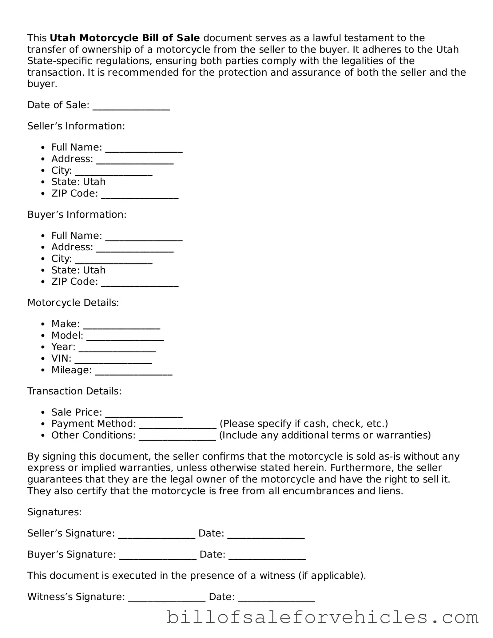 Valid Utah Motorcycle Bill of Sale Template
