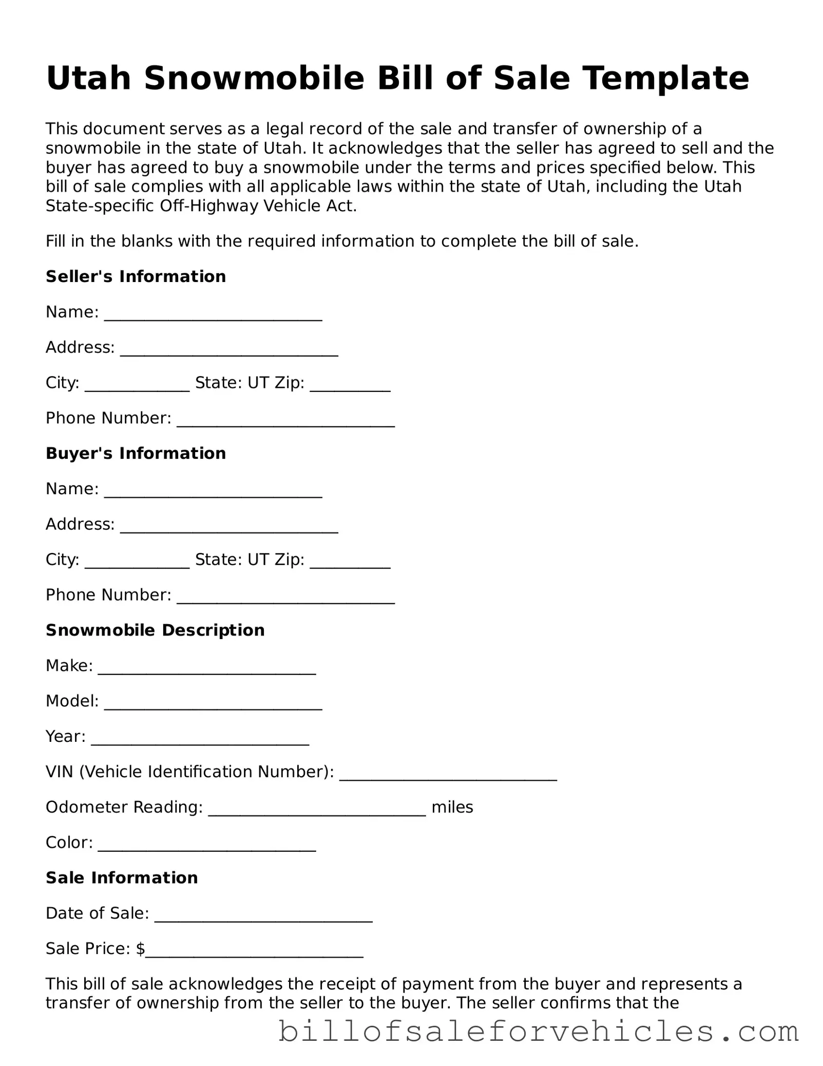 Valid Utah Snowmobile Bill of Sale Template