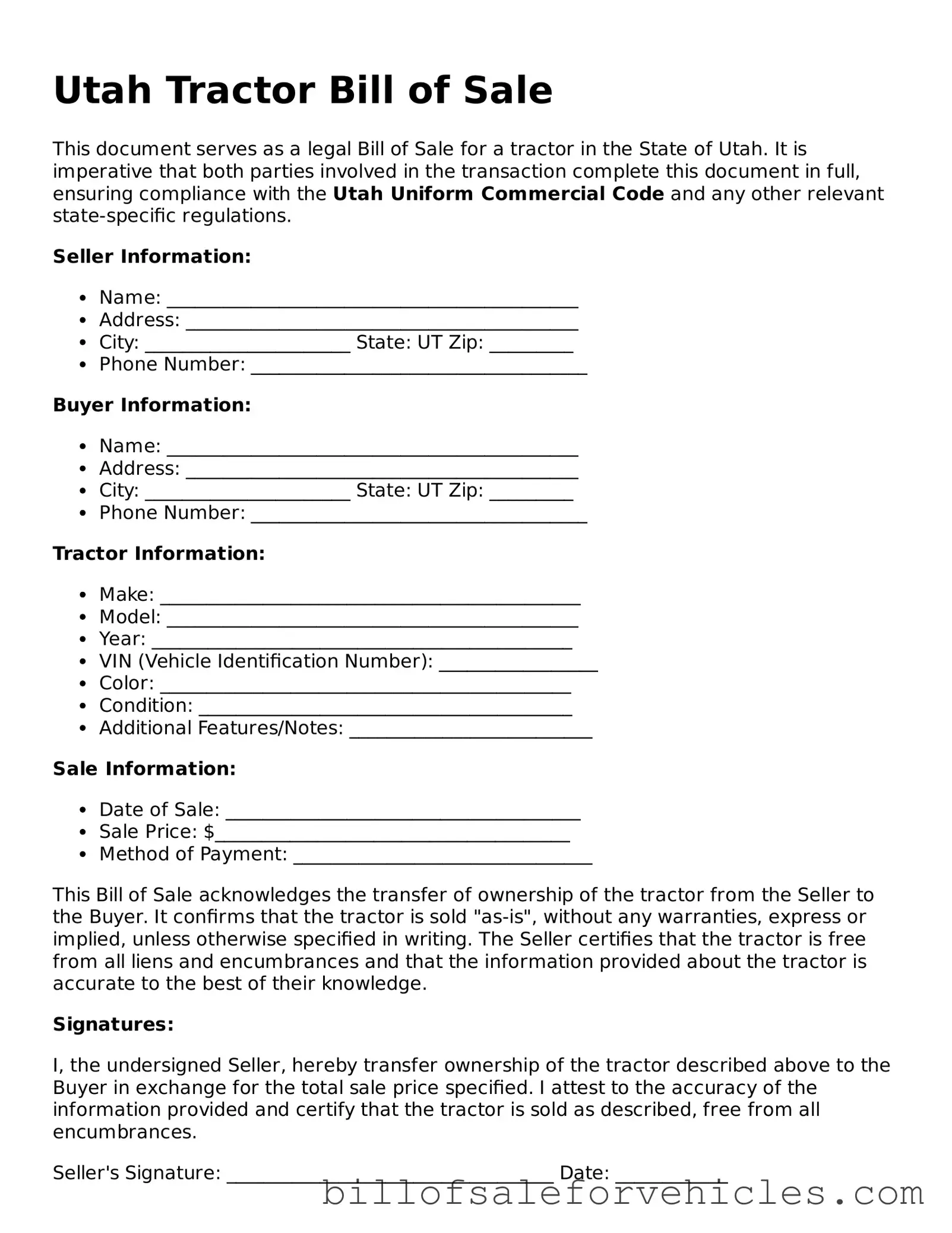 Valid Utah Tractor Bill of Sale Template