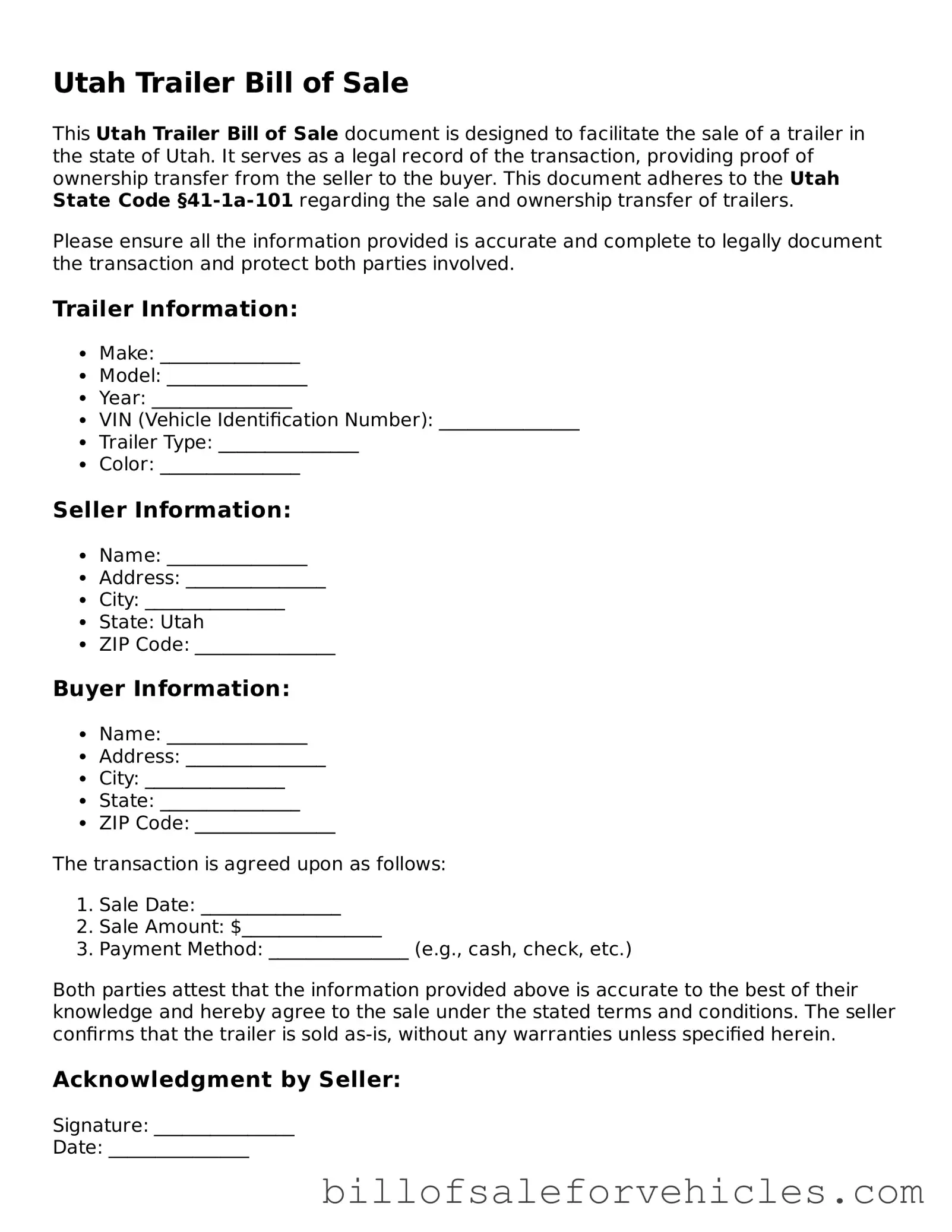 Valid Utah Trailer Bill of Sale Template