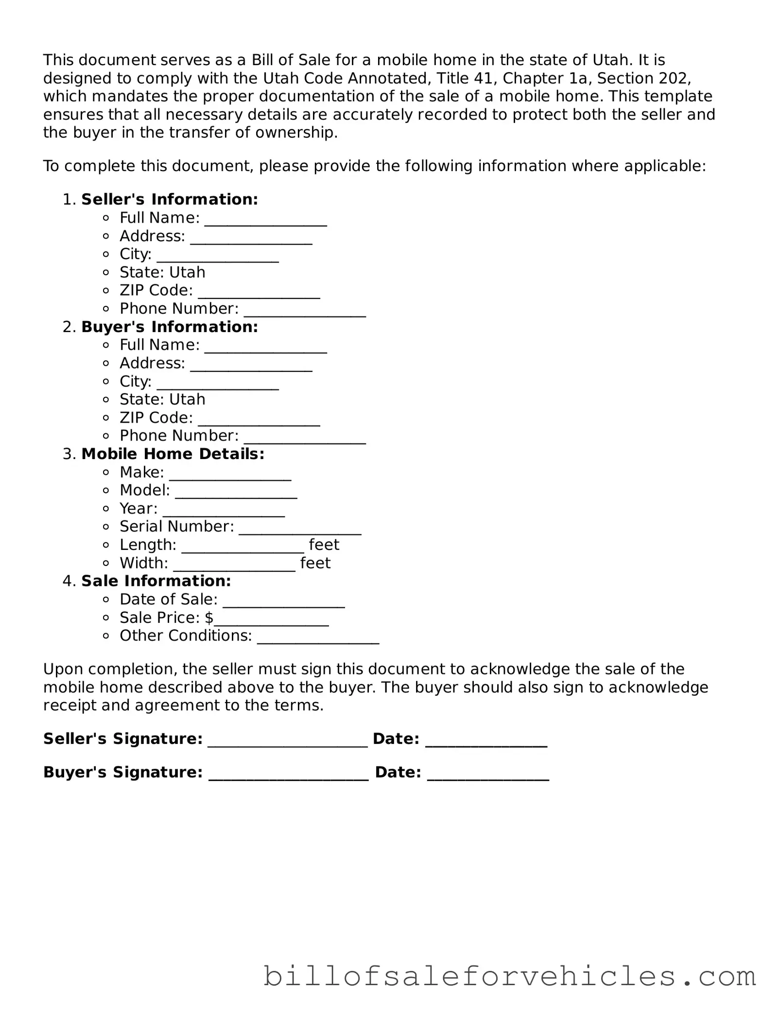 Valid Utah Mobile Home Bill of Sale Template