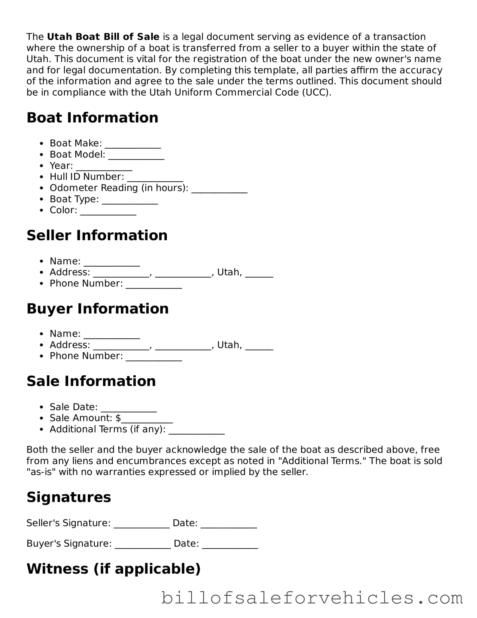 Valid Utah Boat Bill of Sale Template