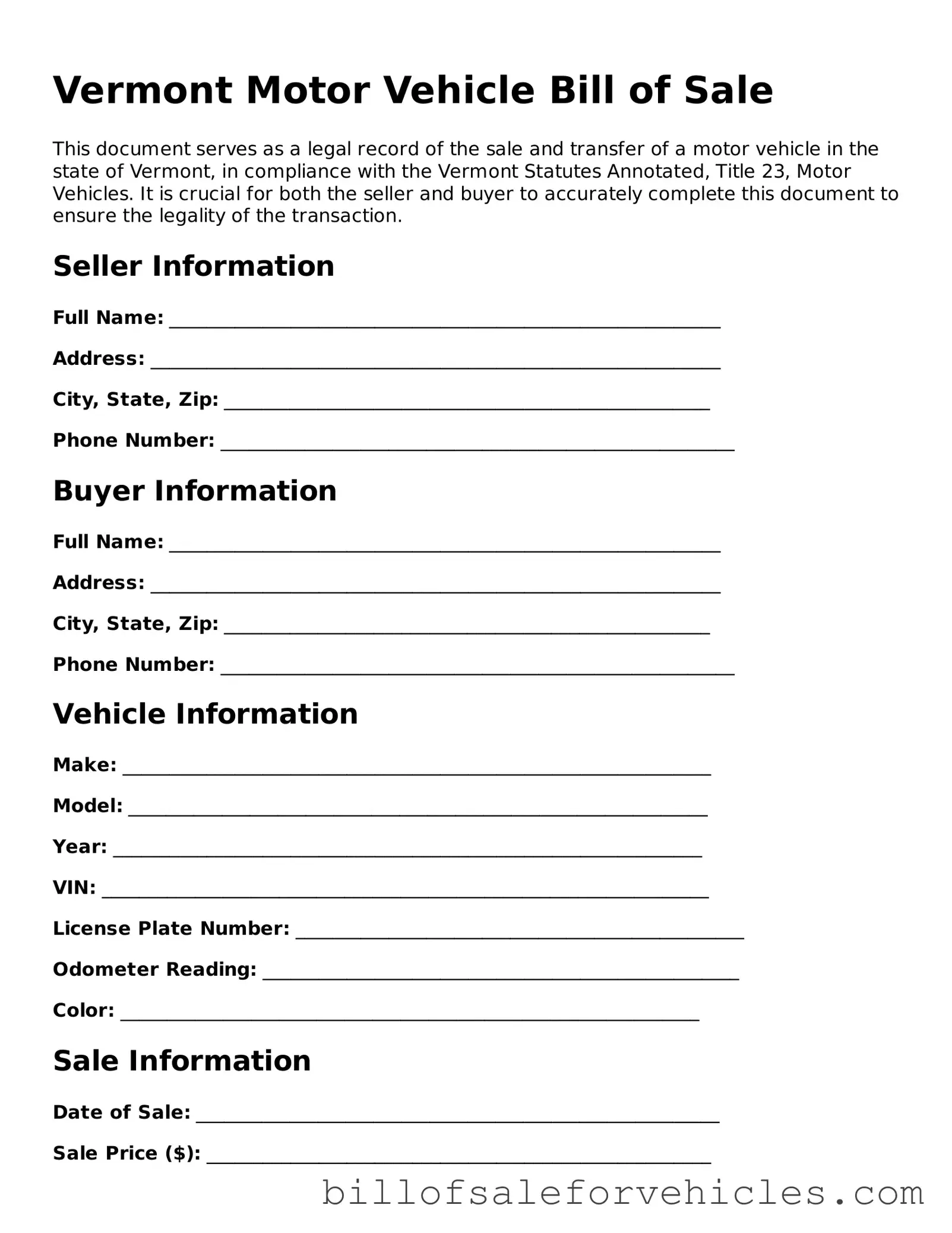 Valid Vermont Motor Vehicle Bill of Sale Template