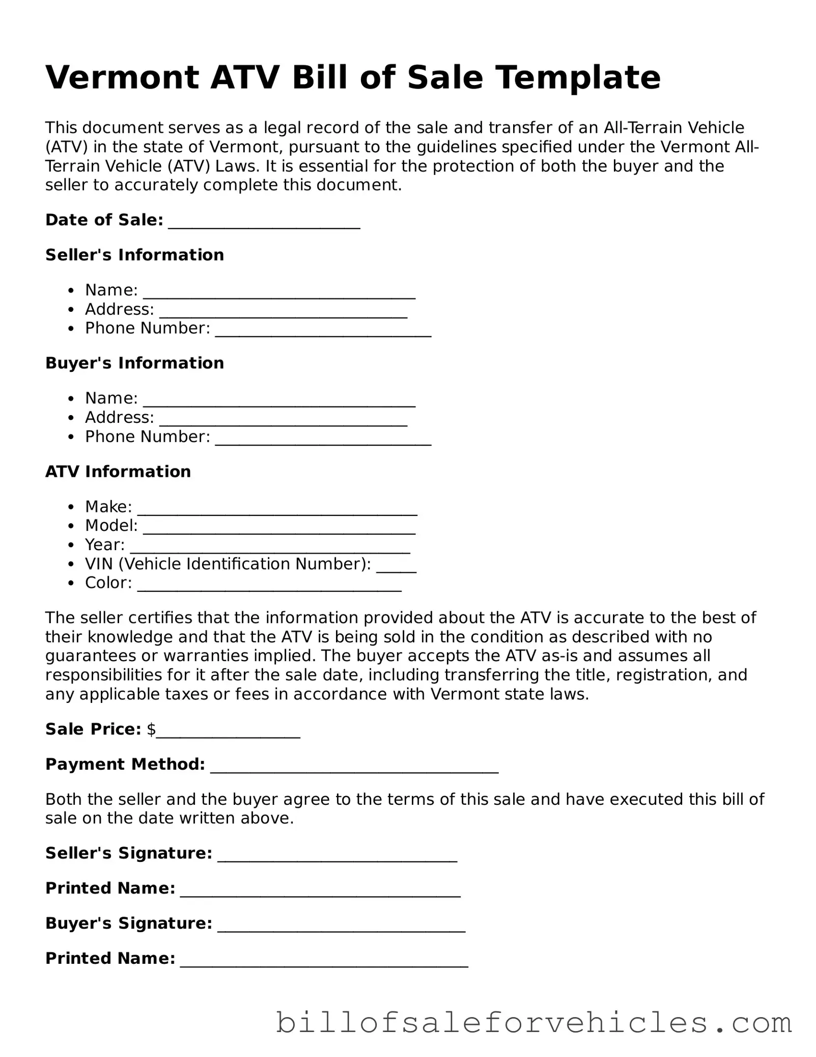 Valid Vermont ATV Bill of Sale Template