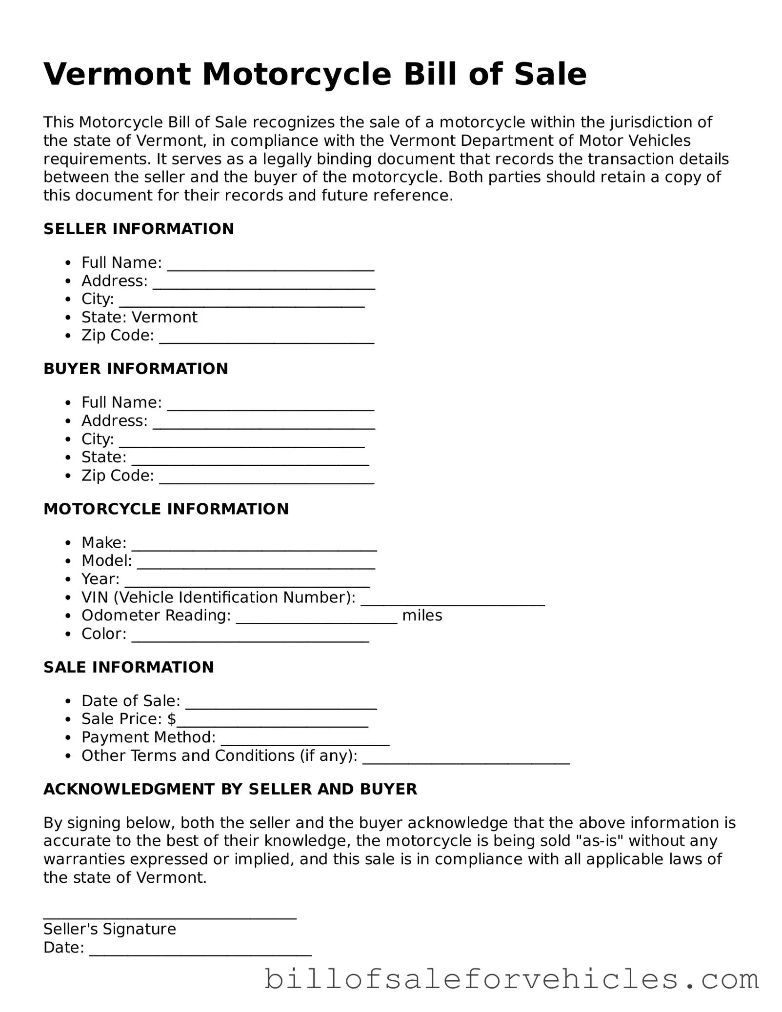 Valid Vermont Motorcycle Bill of Sale Template