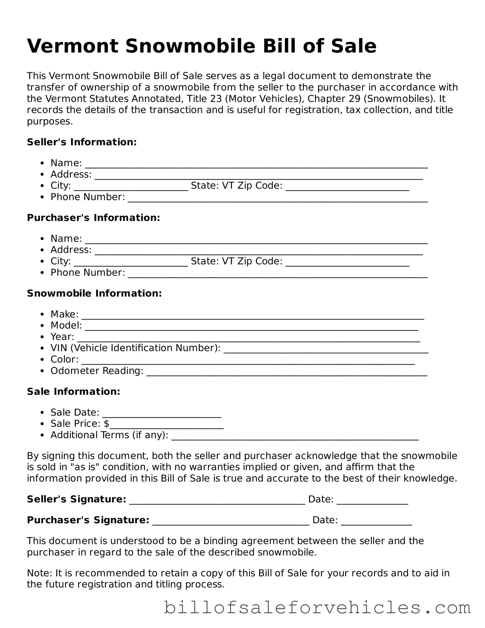 Valid Vermont Snowmobile Bill of Sale Template