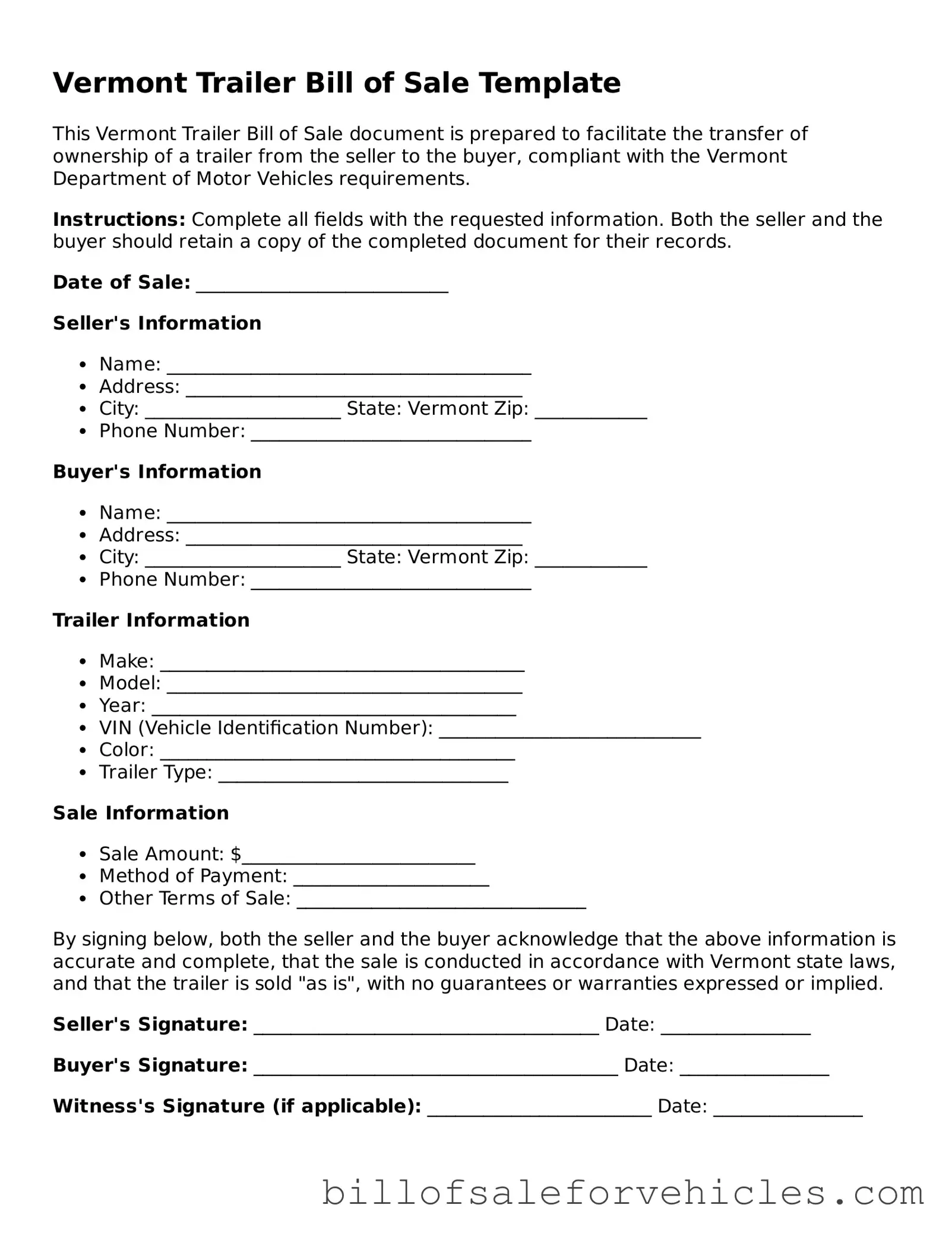 Valid Vermont Trailer Bill of Sale Template